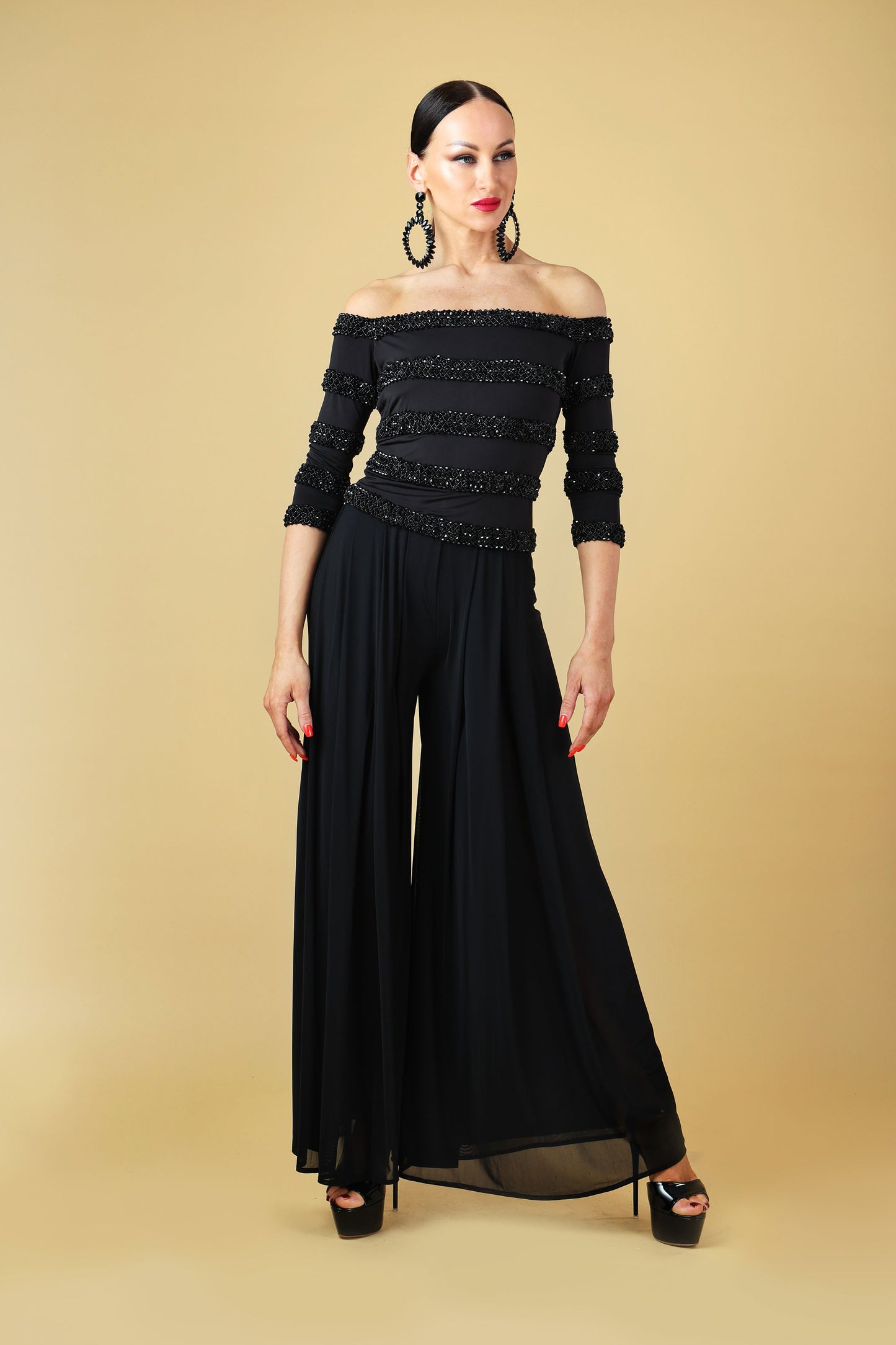 Off Shoulder Beaded Long Sleeves Top