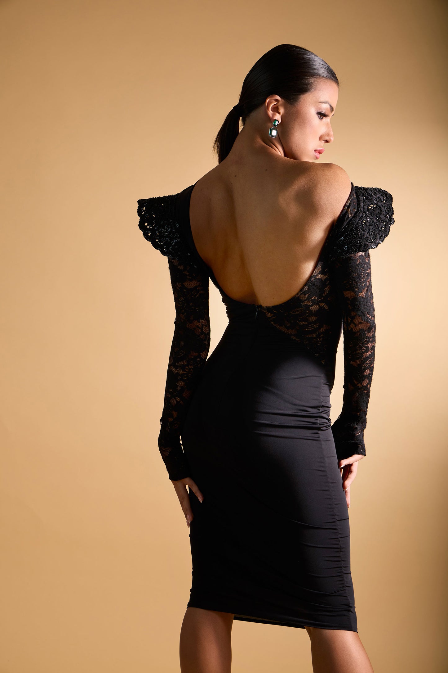 Asymmetric Long Lace Sleeves Cocktail Dress