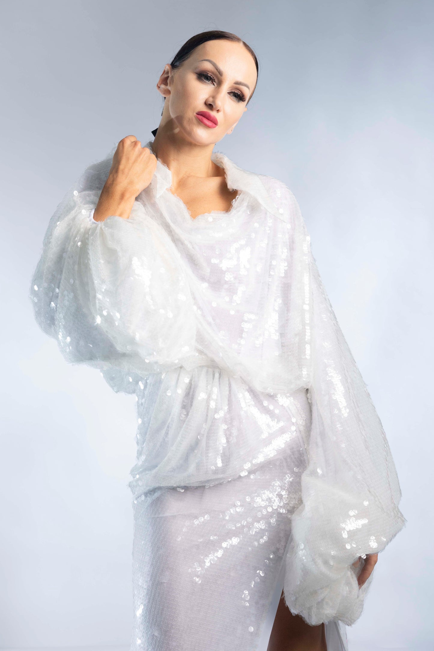 Aqua Volumed Long Sleeves Evening Dress with Collar