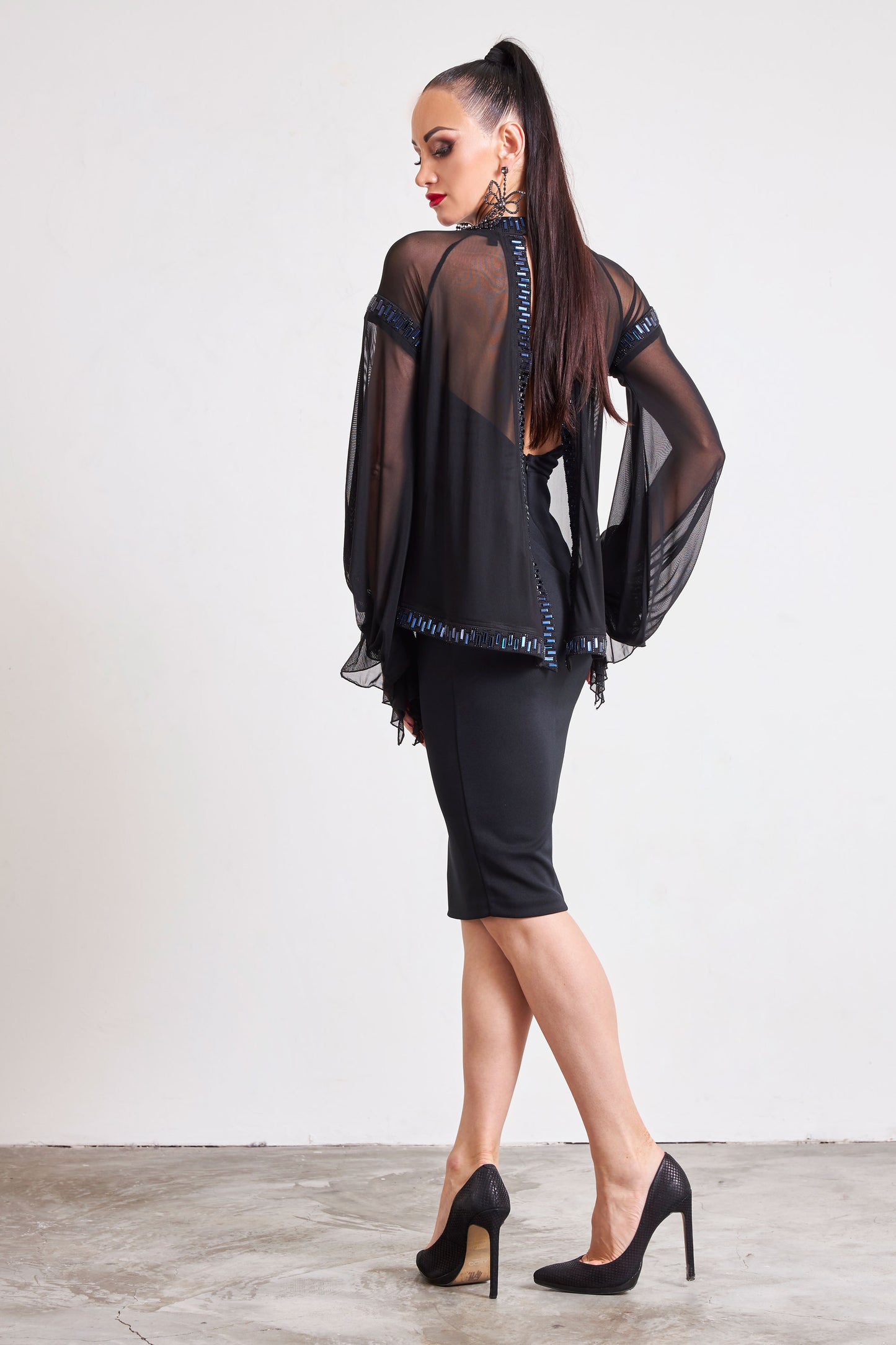 Mesh Sleeves Crystal Edge Cocktail Dress