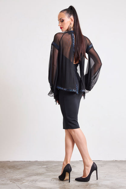 Mesh Sleeves Crystal Edge Cocktail Dress