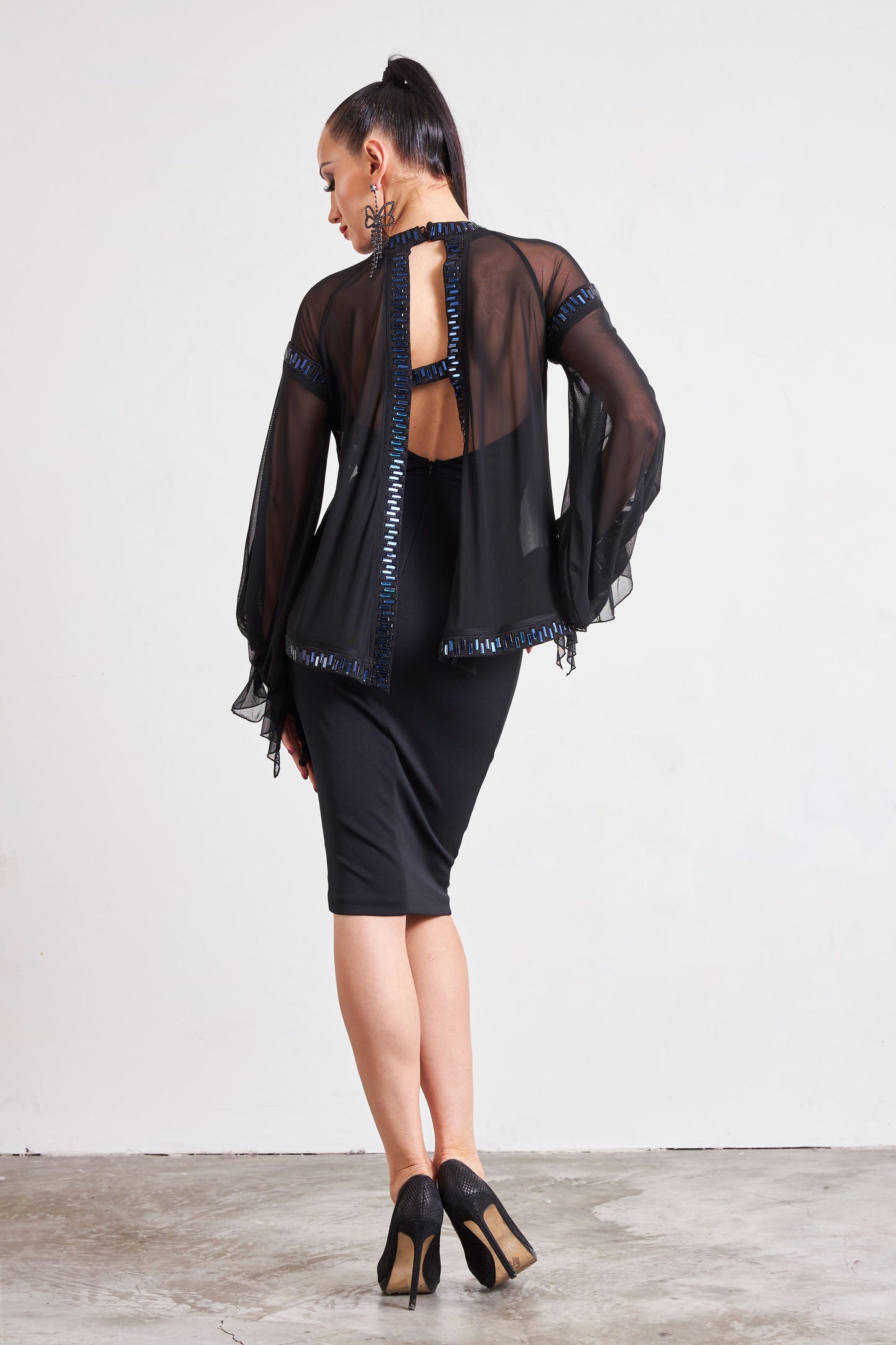 Mesh Sleeves Crystal Edge Cocktail Dress