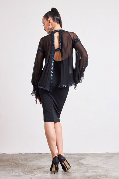 Mesh Sleeves Crystal Edge Cocktail Dress