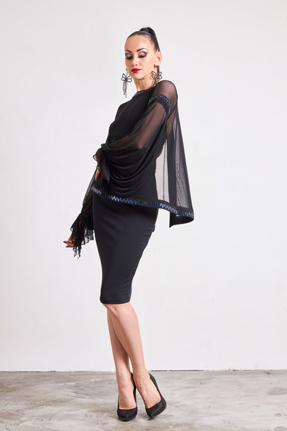 Mesh Sleeves Crystal Edge Cocktail Dress