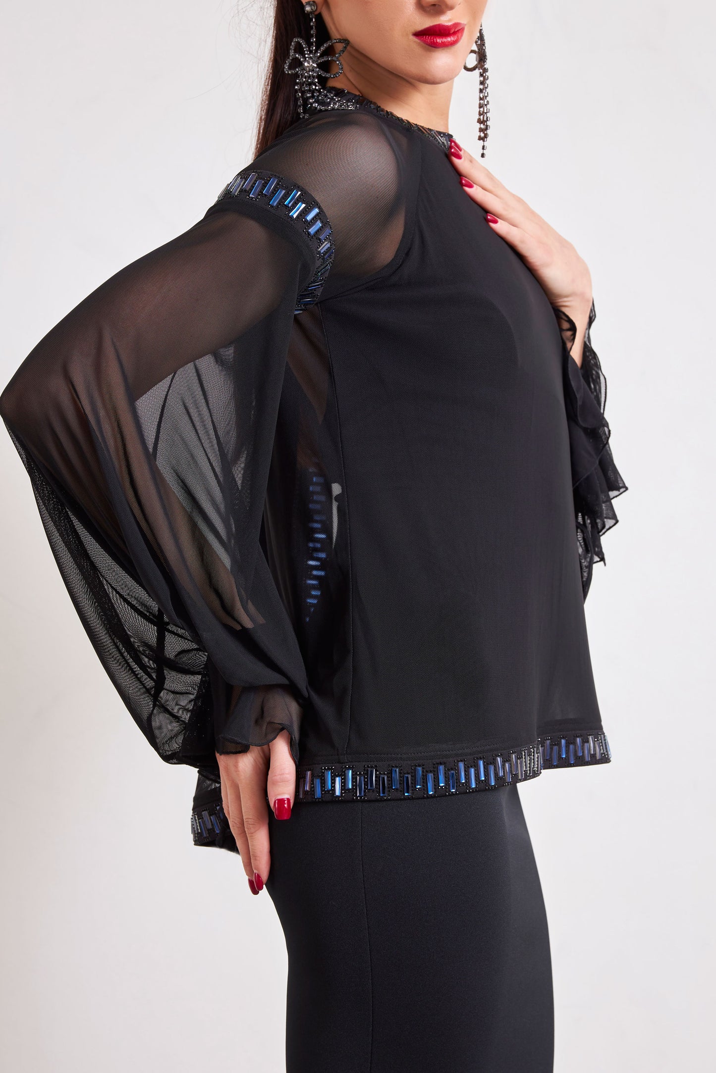 Mesh Sleeves Crystal Edge Cocktail Dress