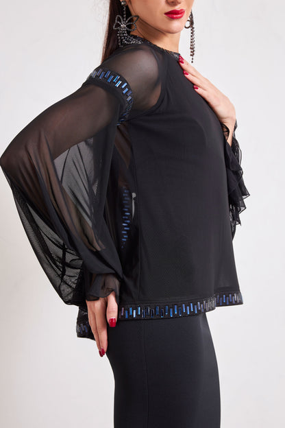 Mesh Sleeves Crystal Edge Cocktail Dress