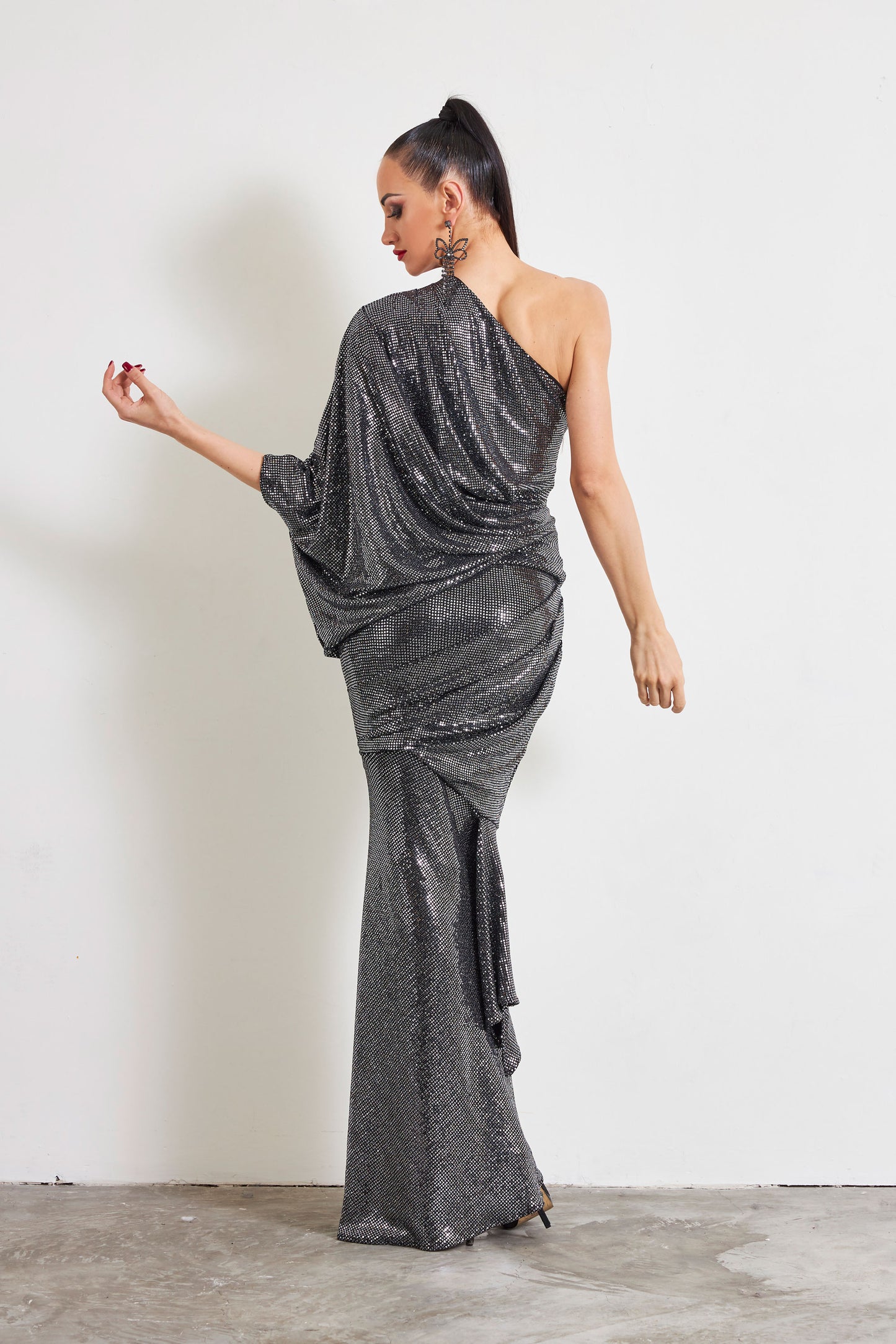 Asymmetric Bat Wing Sleeve Evening Dress