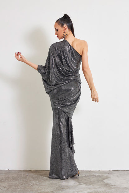 Asymmetric Bat Wing Sleeve Evening Dress
