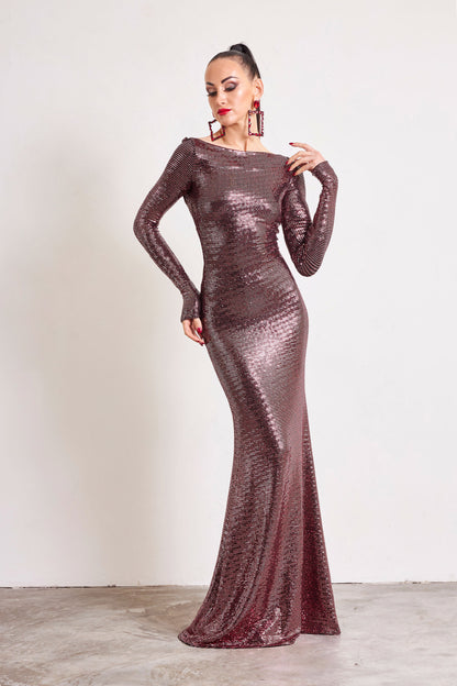 Boat Neck Long Sleeves Evening Dress