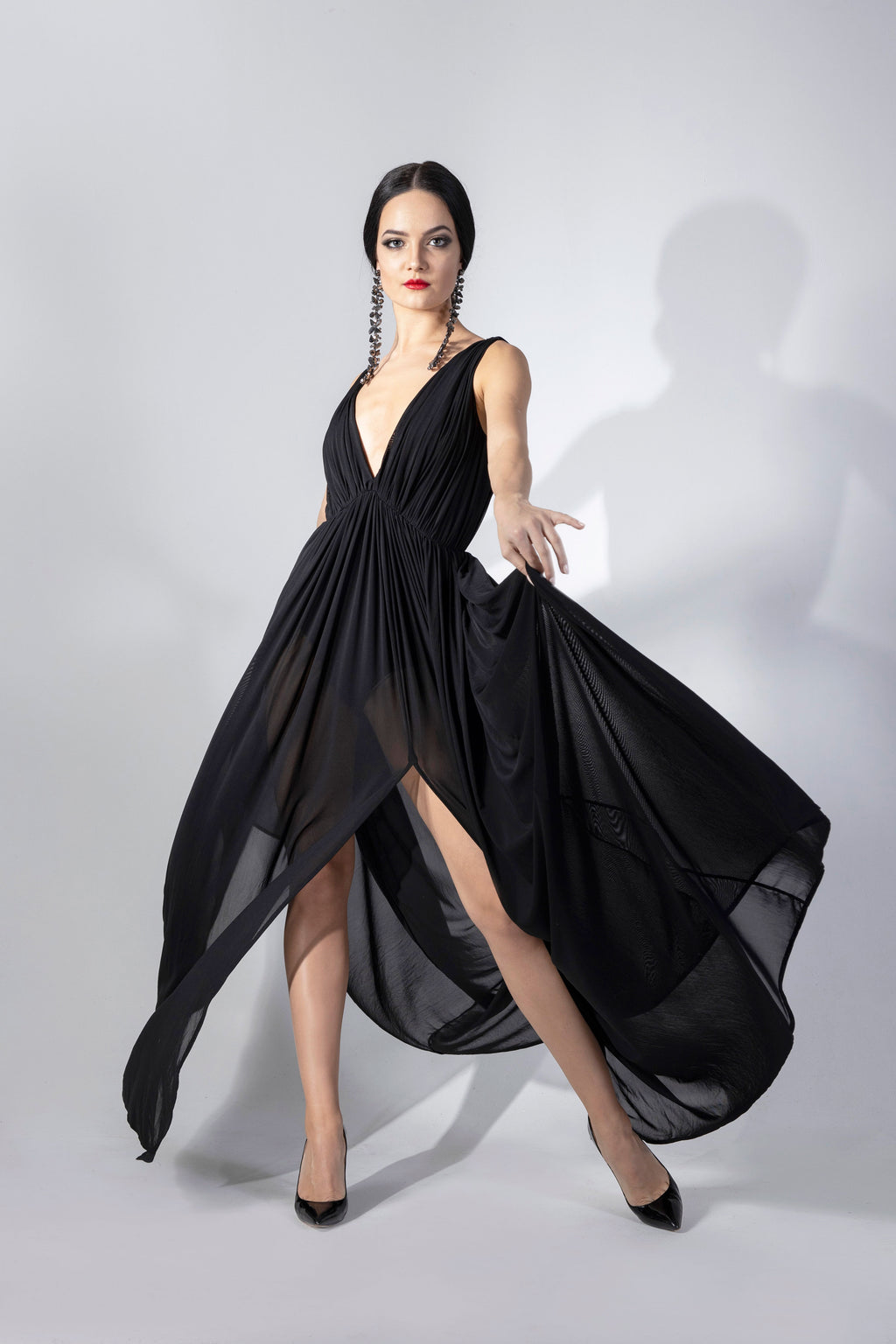 Deep-V Pleated Evening Dress