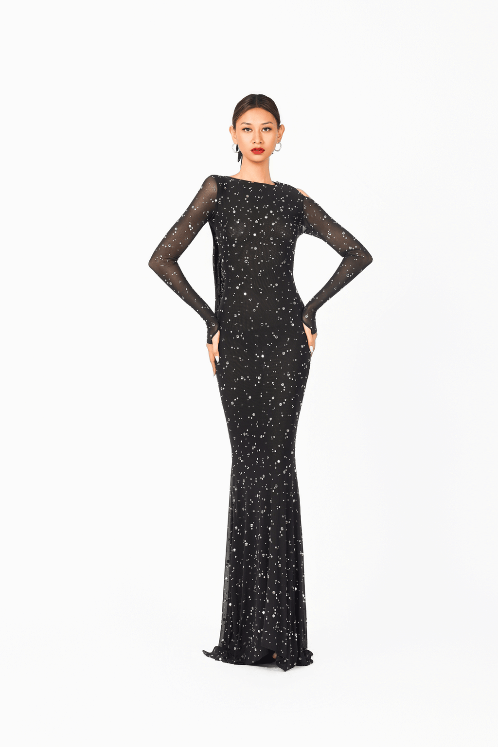 Long Sleeves Rainy Stone Evening Dress