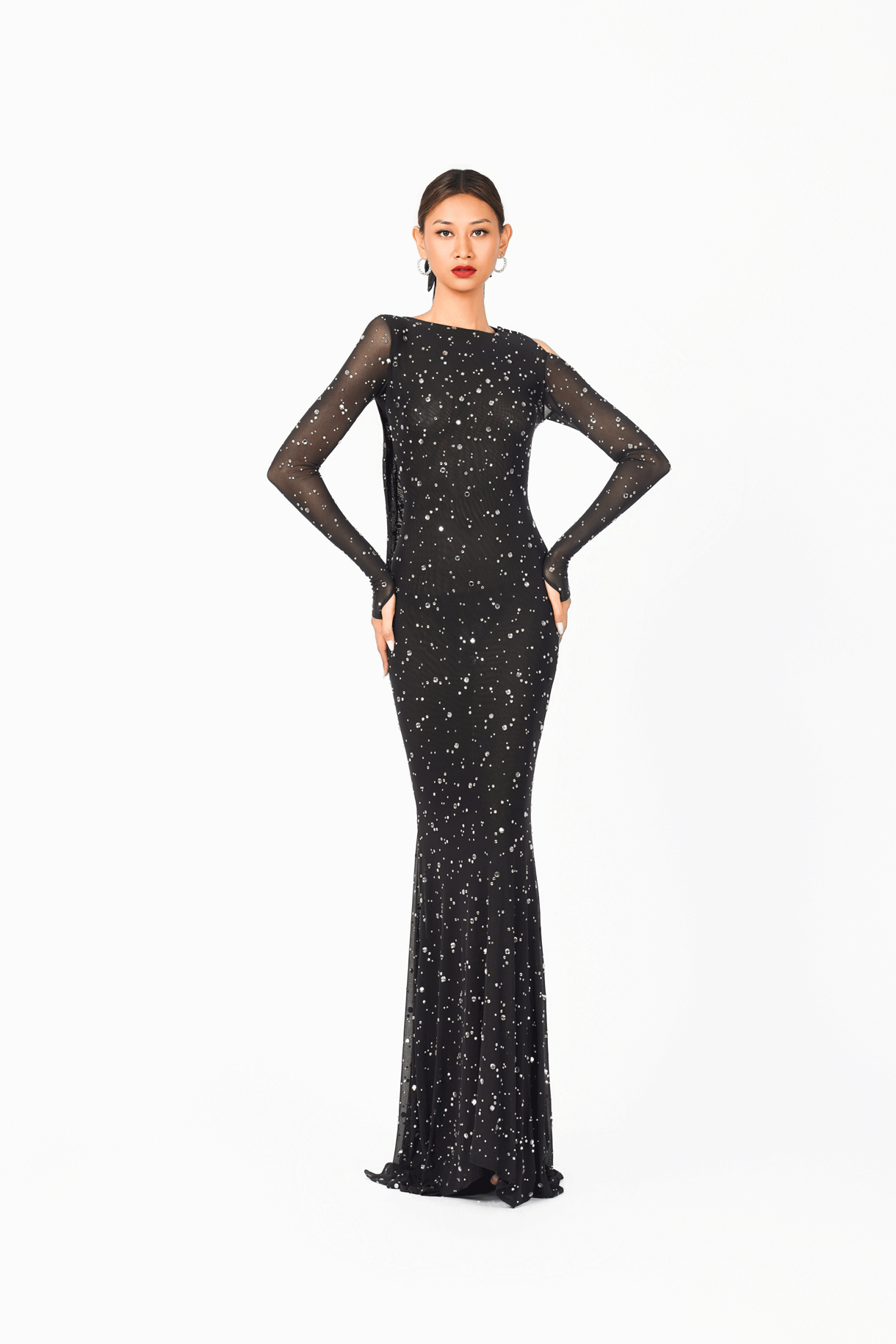 Long Sleeves Rainy Stone Evening Dress