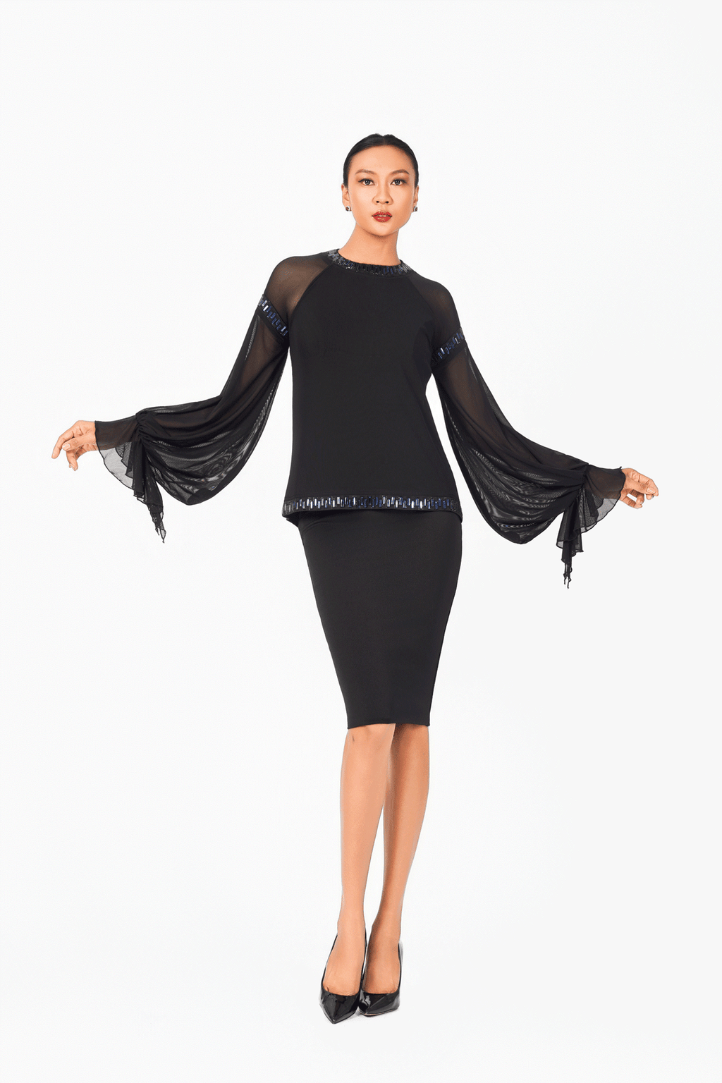 Mesh Sleeves Crystal Edge Cocktail Dress