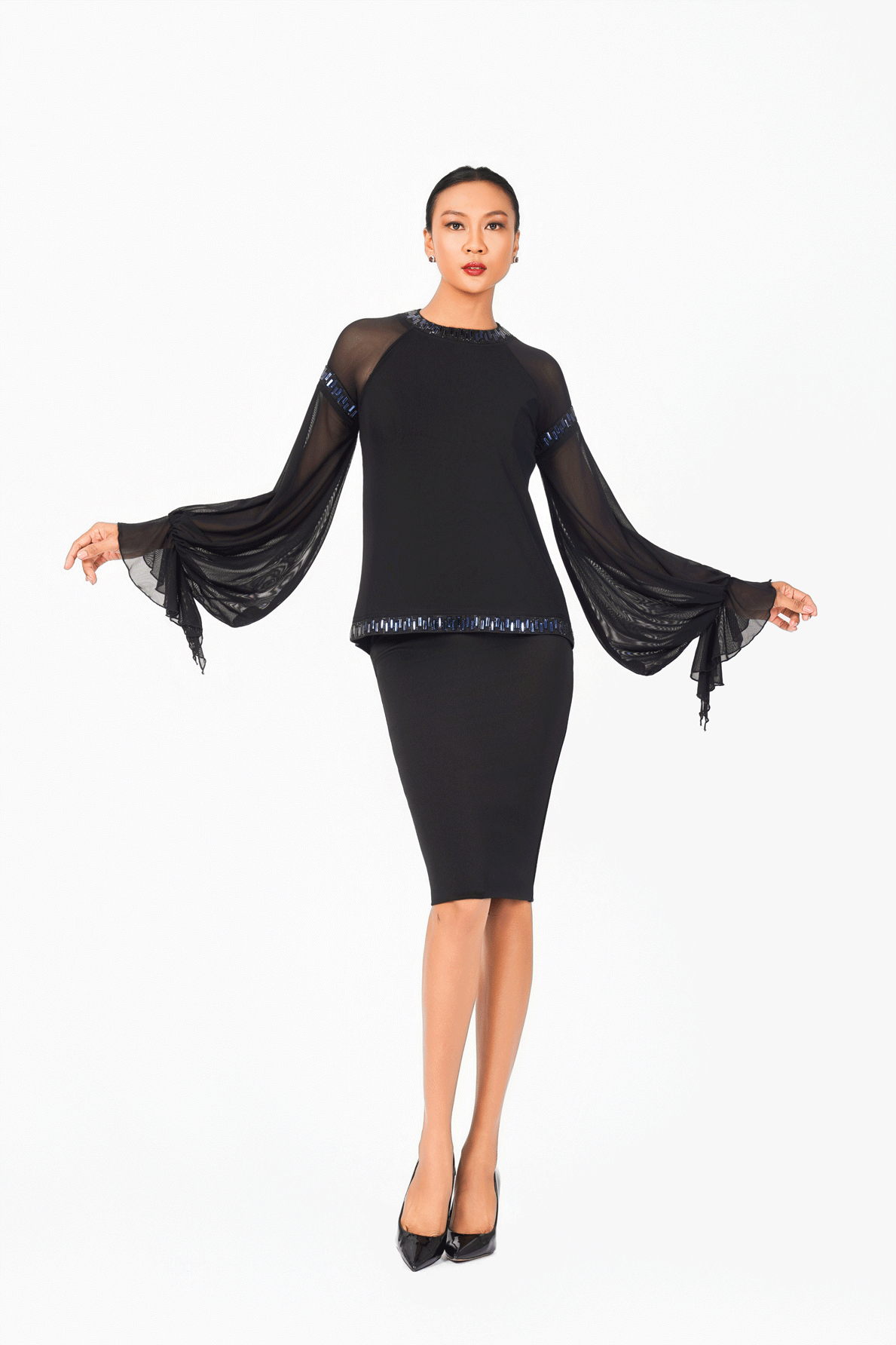 Mesh Sleeves Crystal Edge Cocktail Dress