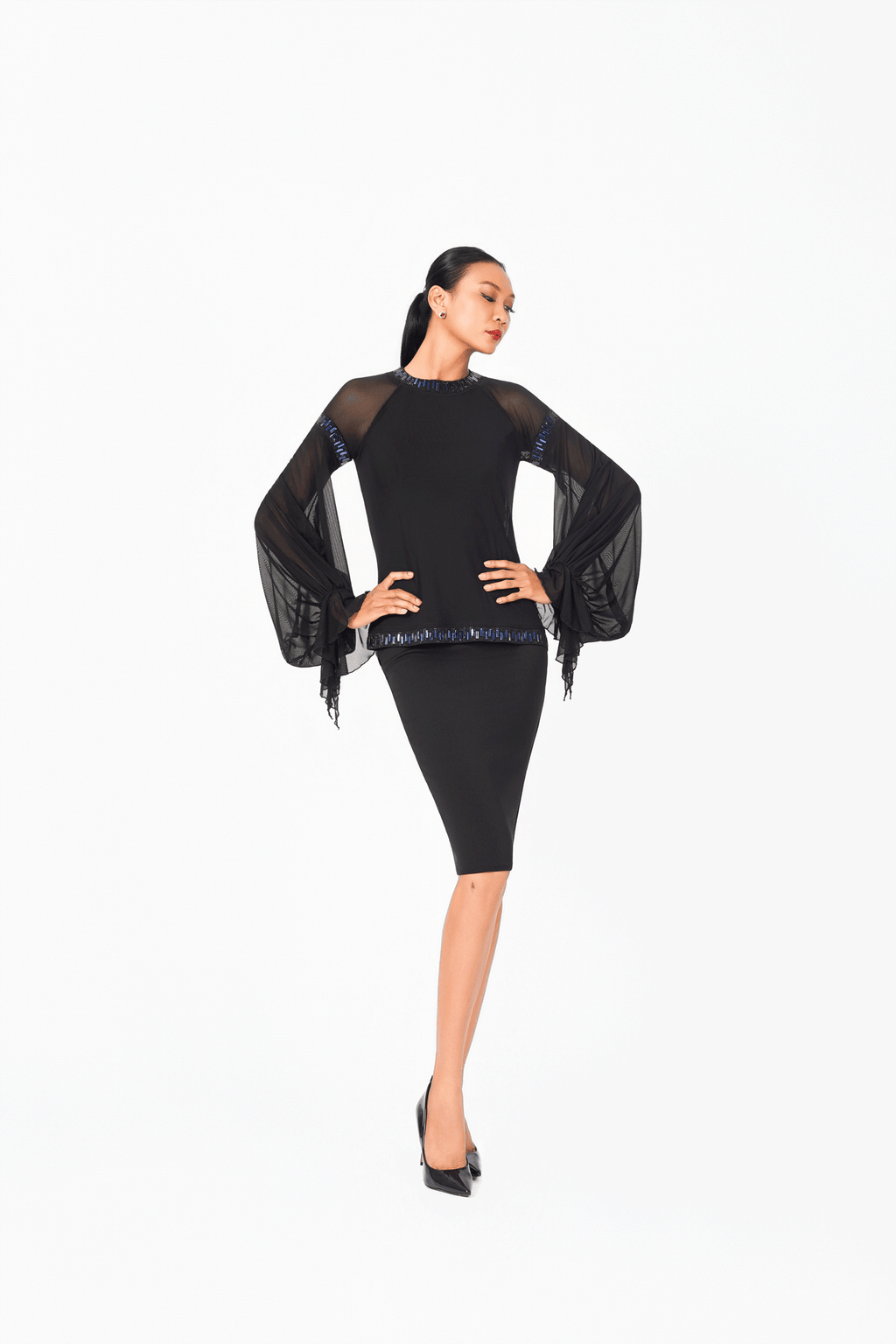 Mesh Sleeves Crystal Edge Cocktail Dress