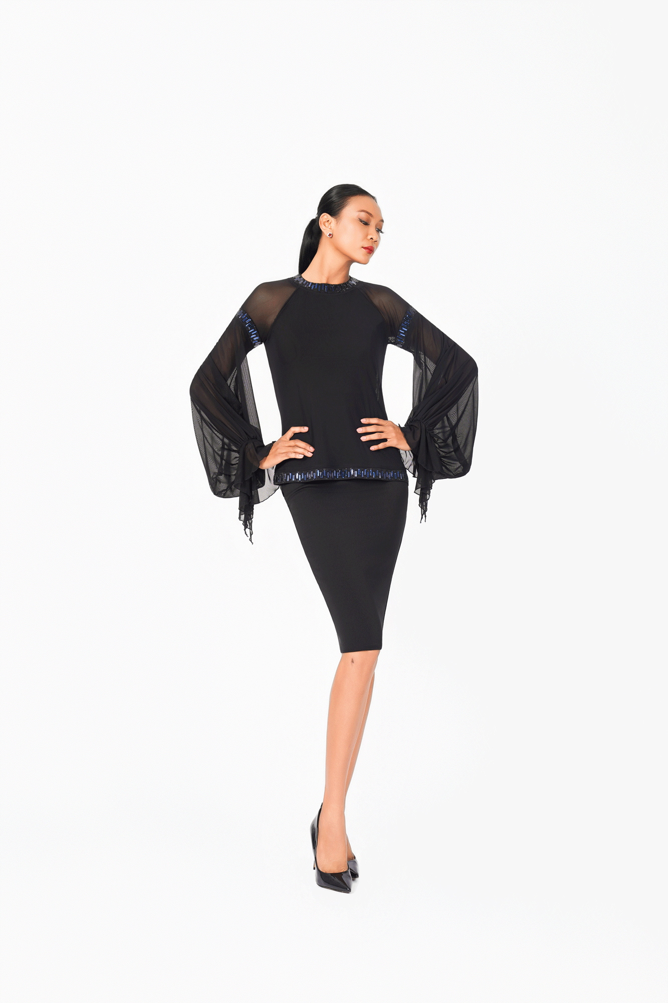 Mesh Sleeves Crystal Edge Cocktail Dress