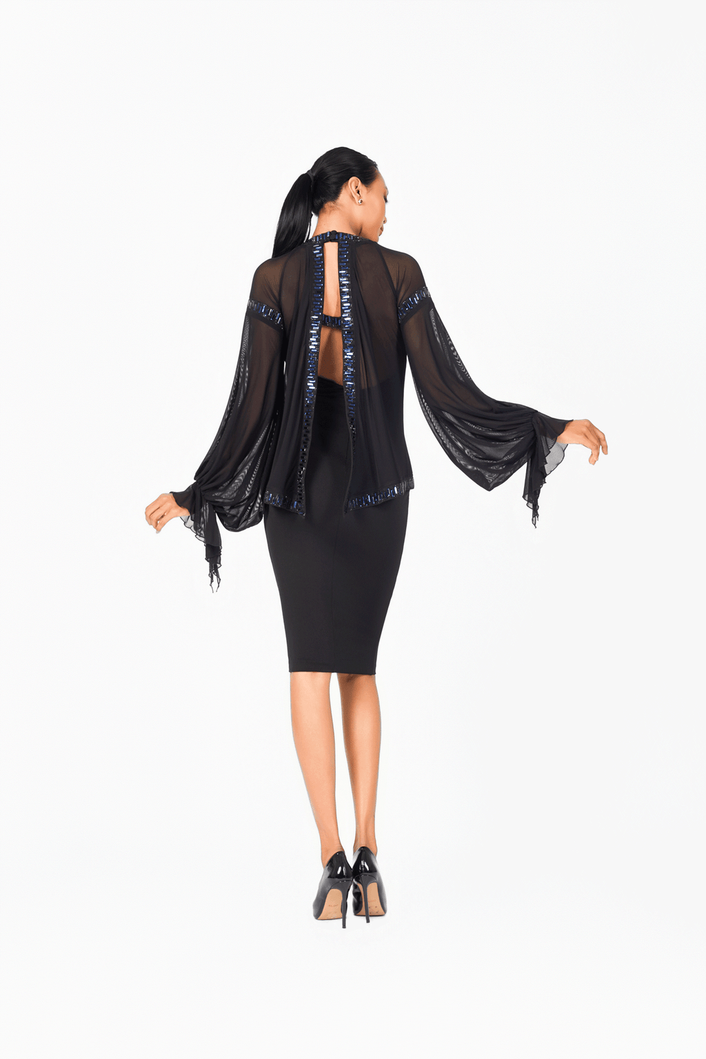 Mesh Sleeves Crystal Edge Cocktail Dress