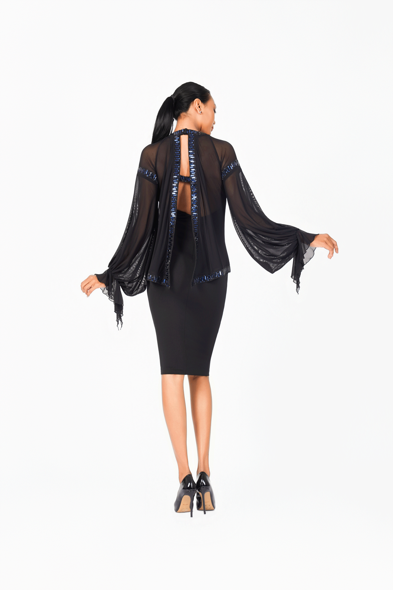 Mesh Sleeves Crystal Edge Cocktail Dress