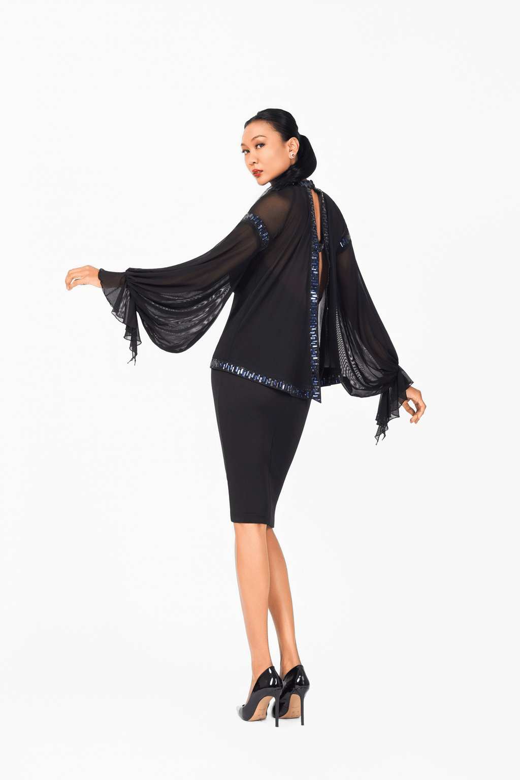 Mesh Sleeves Crystal Edge Cocktail Dress