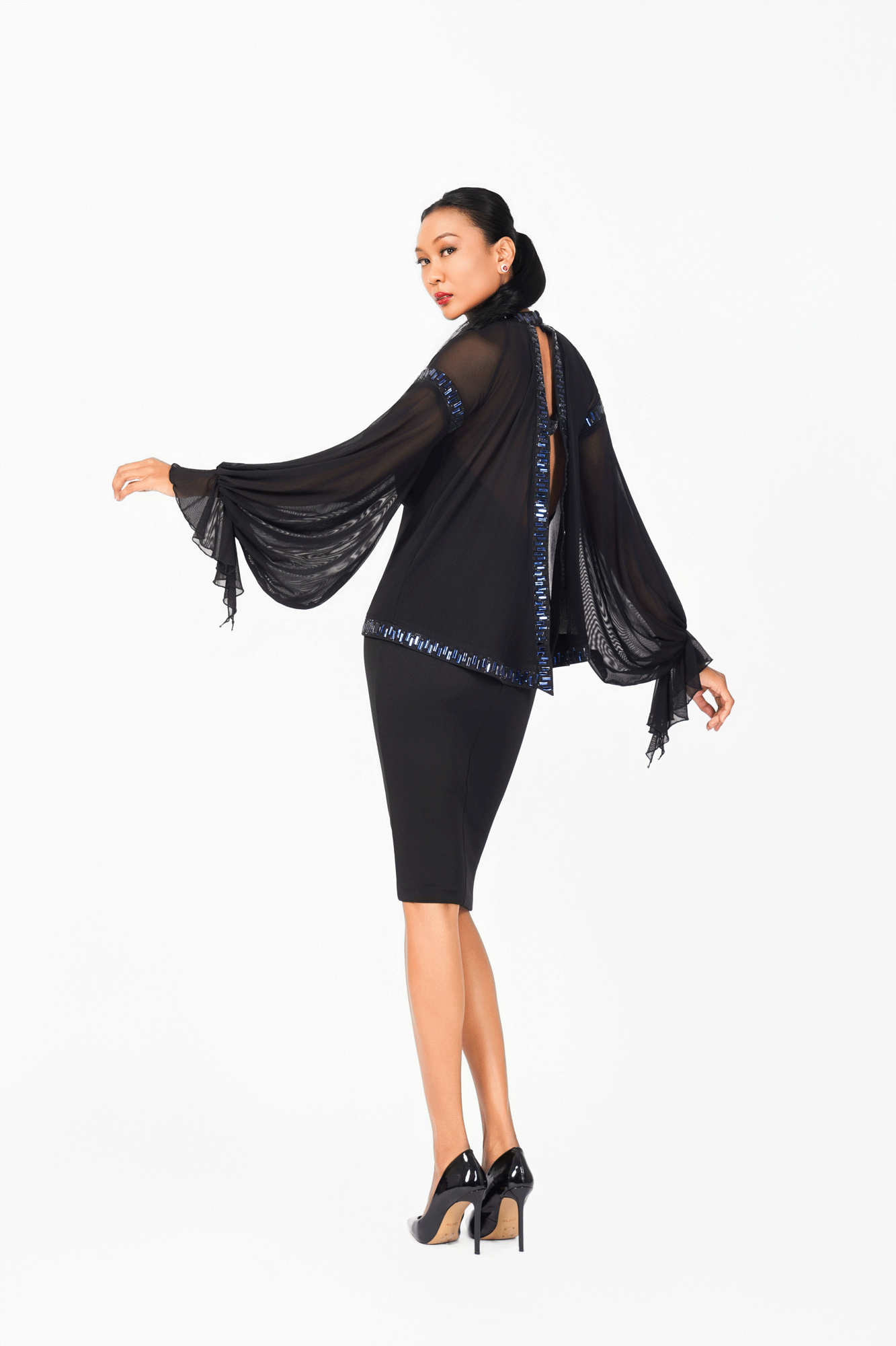 Mesh Sleeves Crystal Edge Cocktail Dress