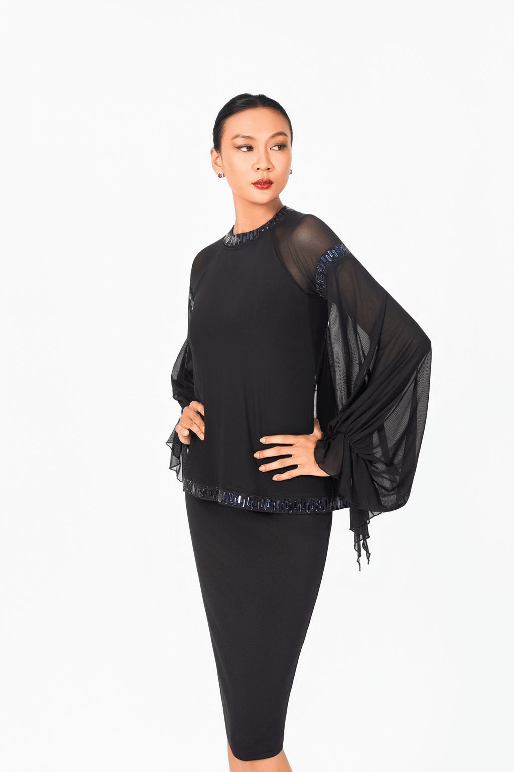 Mesh Sleeves Crystal Edge Cocktail Dress