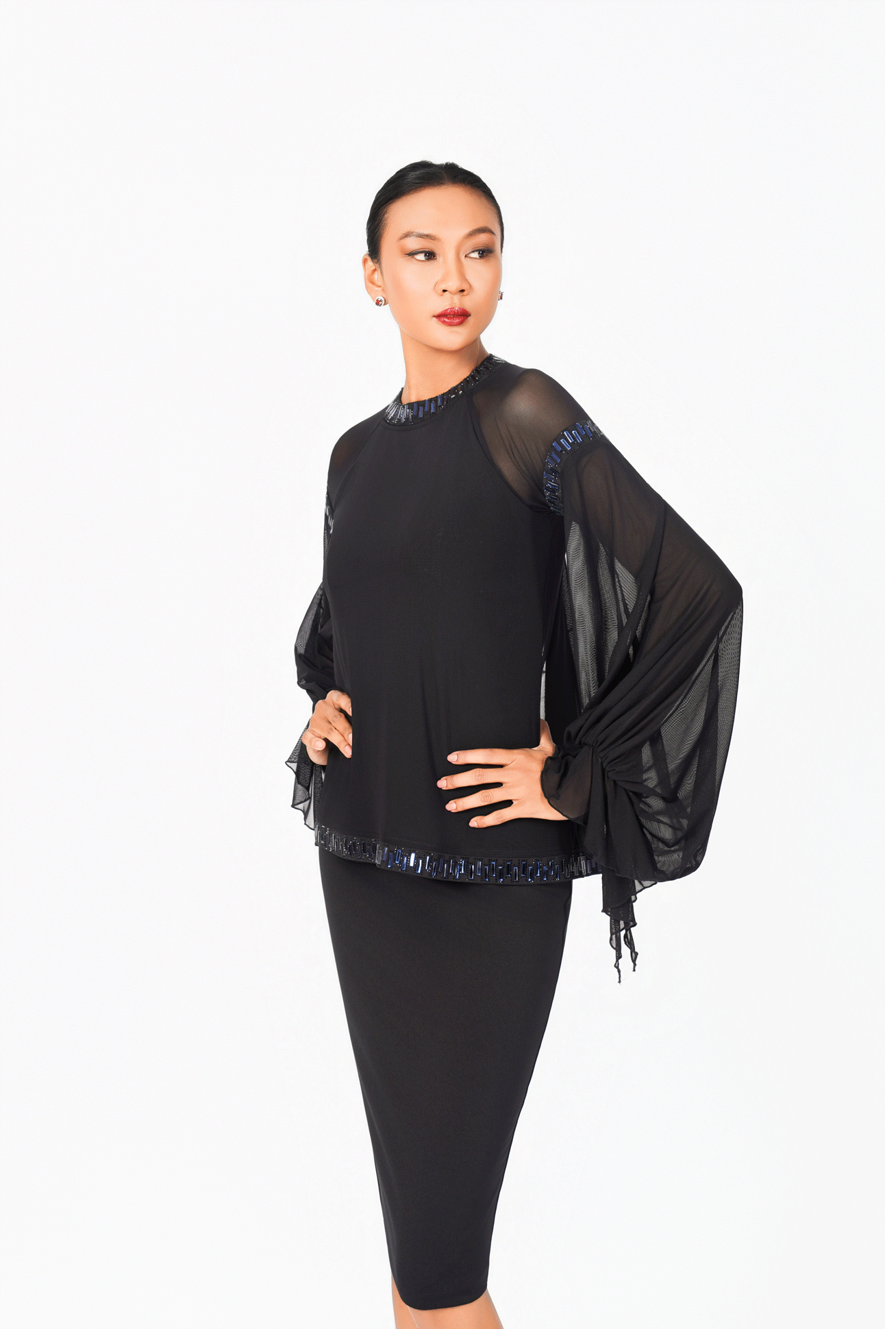 Mesh Sleeves Crystal Edge Cocktail Dress