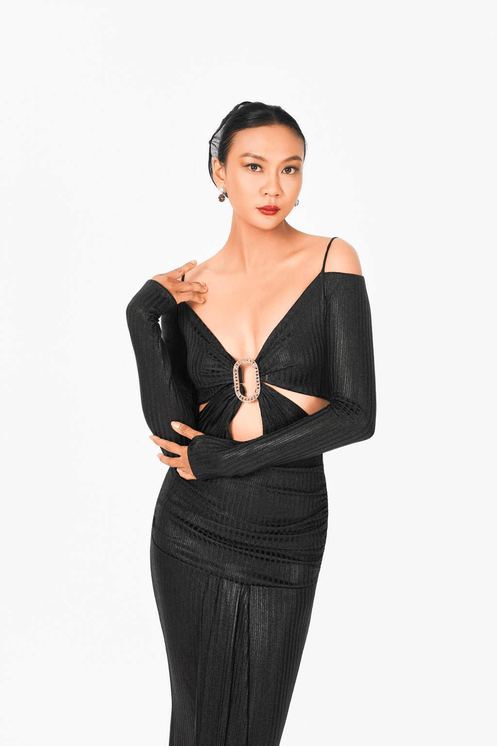 Off-Shoulder Buckle Long Sleeves Evening Dress