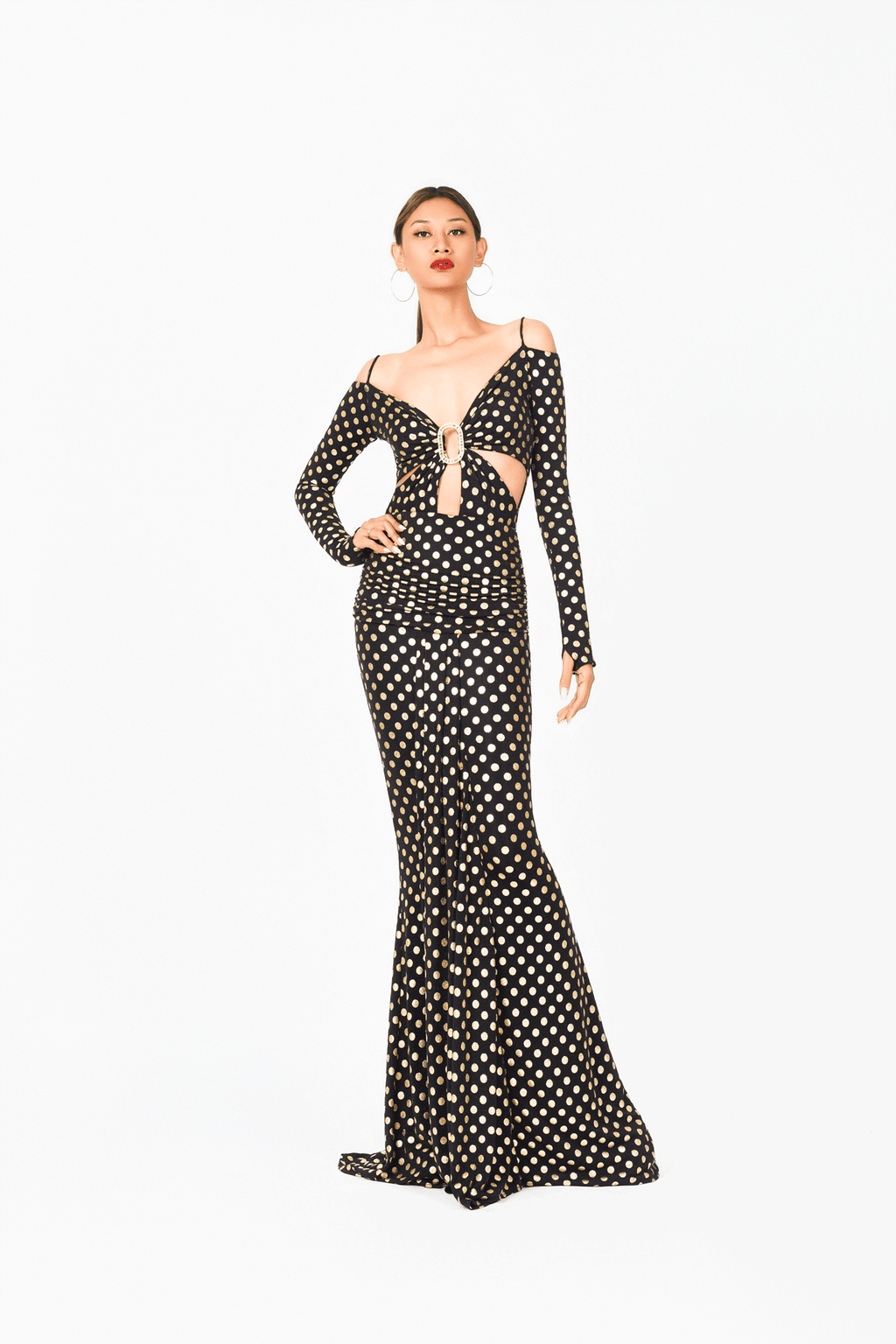 Off-Shoulder Buckle Long Sleeves Evening Dress