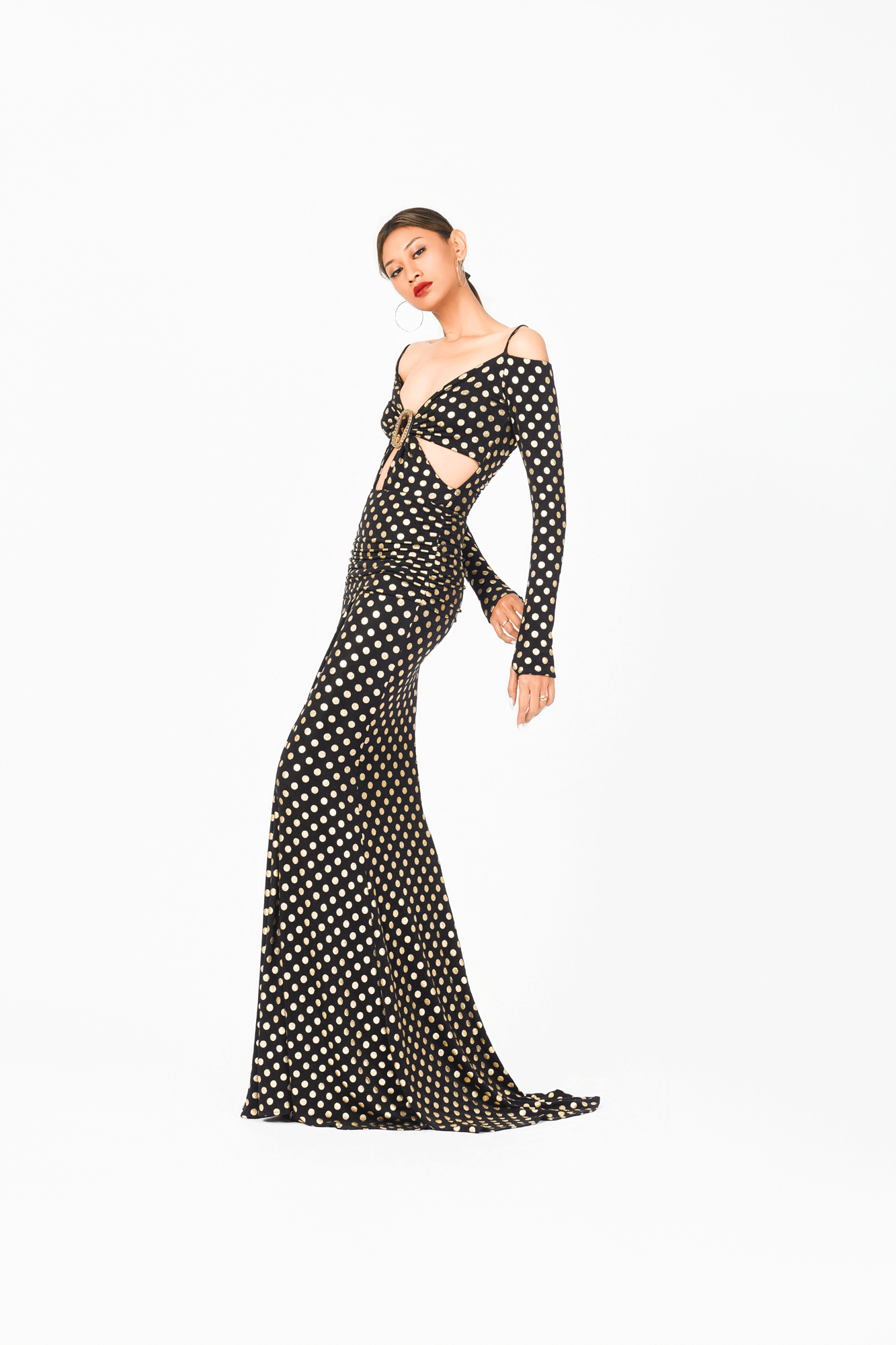 Off-Shoulder Buckle Long Sleeves Evening Dress