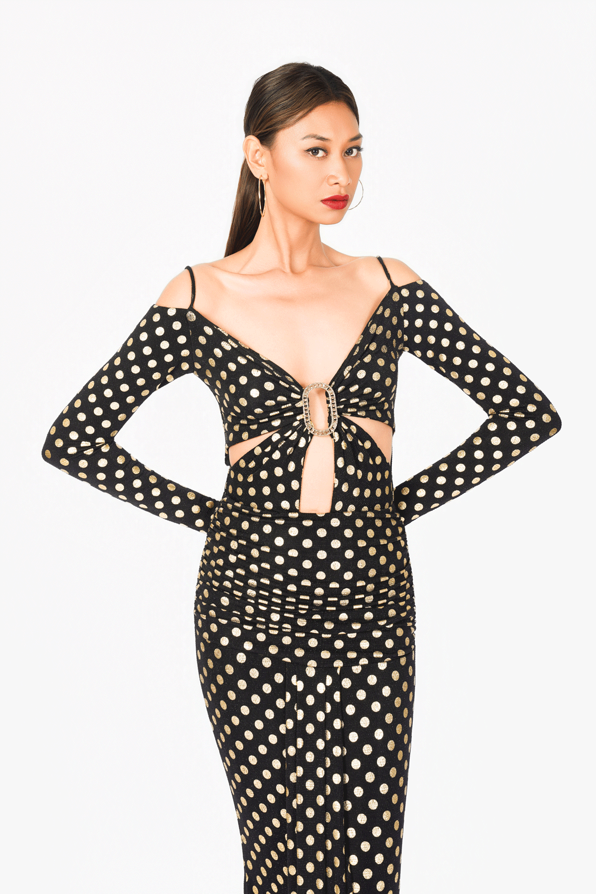 Off-Shoulder Buckle Long Sleeves Evening Dress