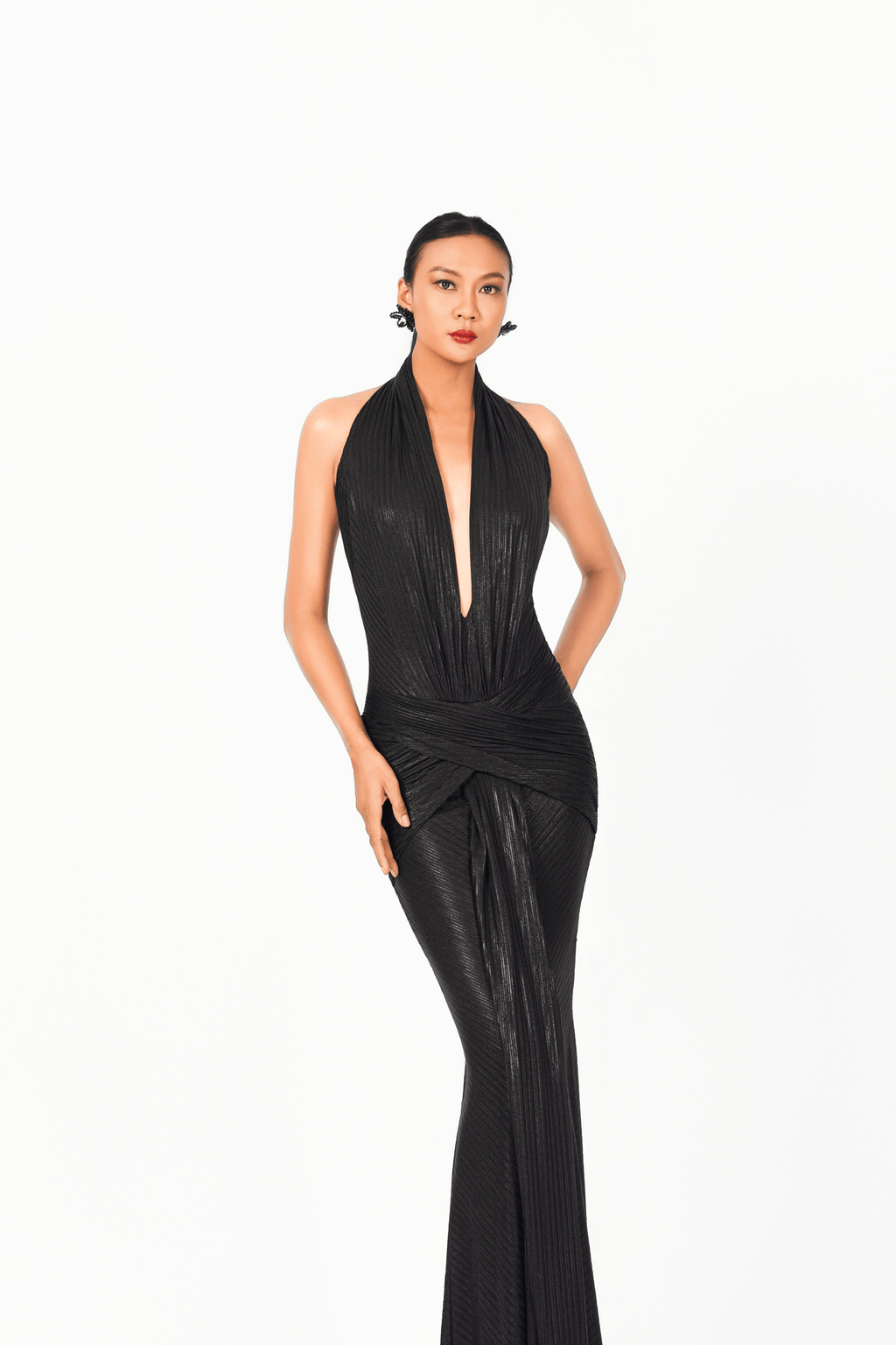 Deep-V Strips Evening Dress