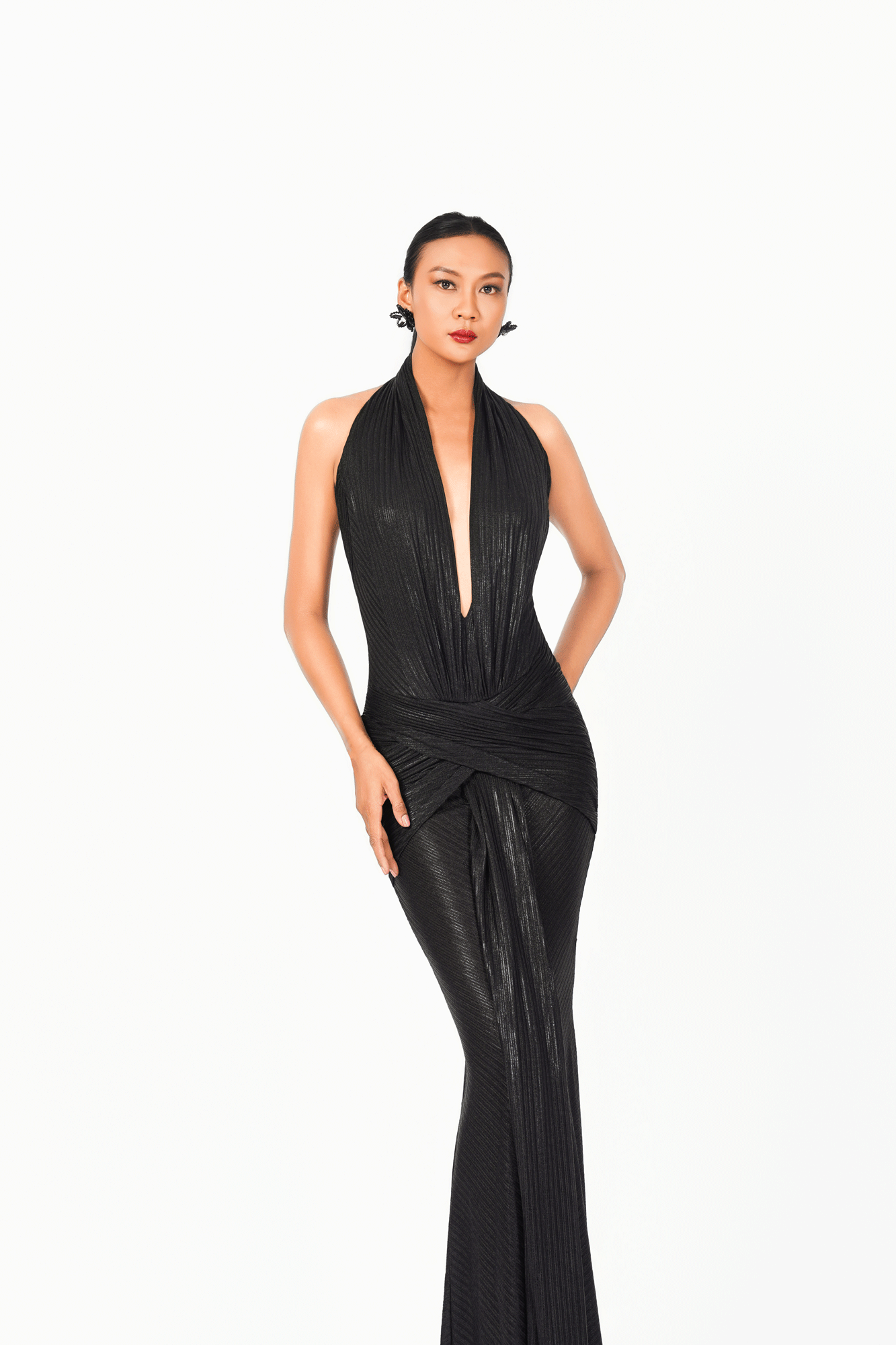 Deep-V Strips Evening Dress