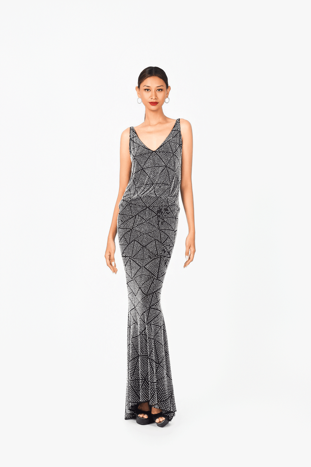 Deep-V Sleeveless Hot Fixed Evening Dress