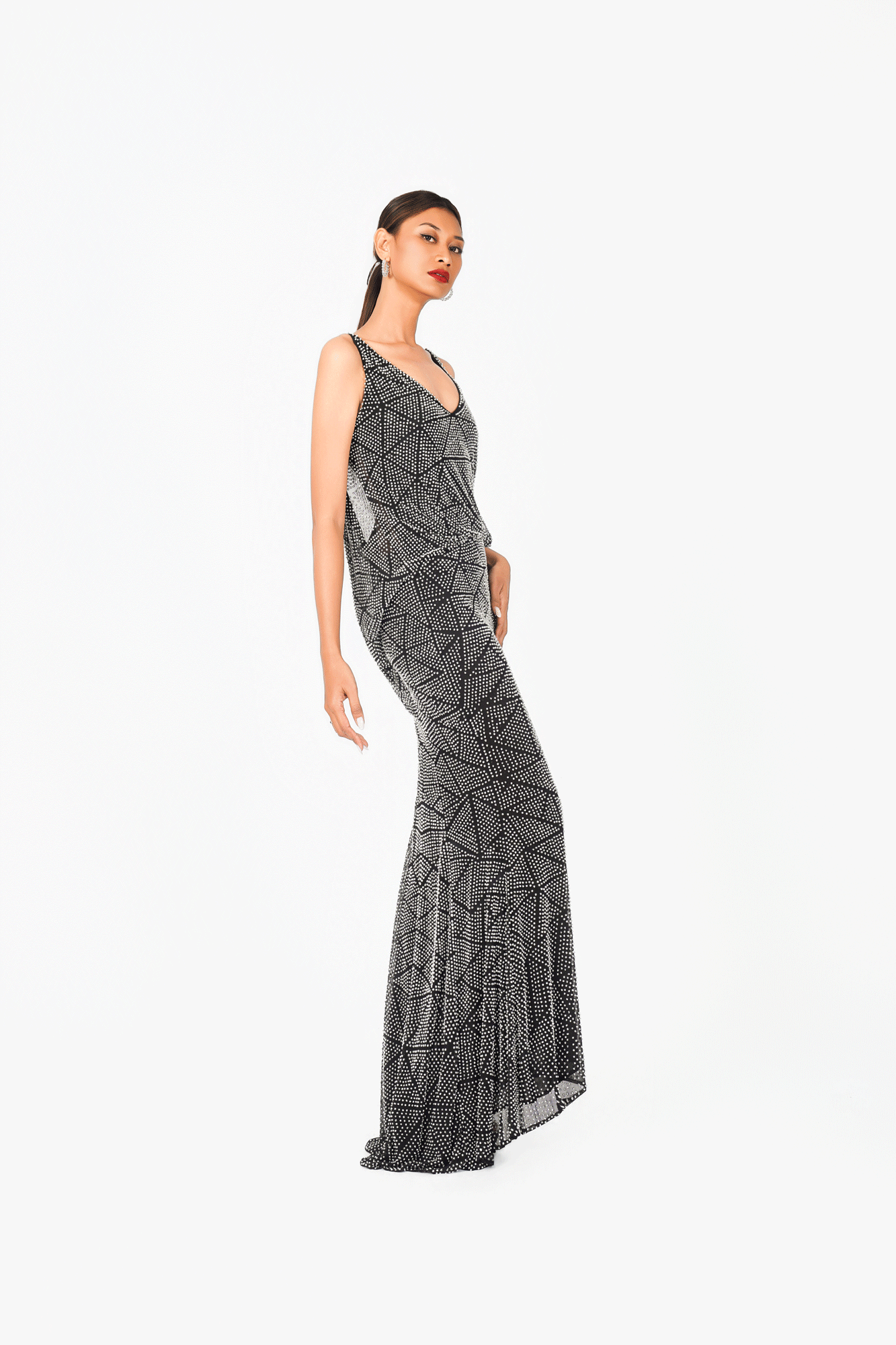 Deep-V Sleeveless Hot Fixed Evening Dress
