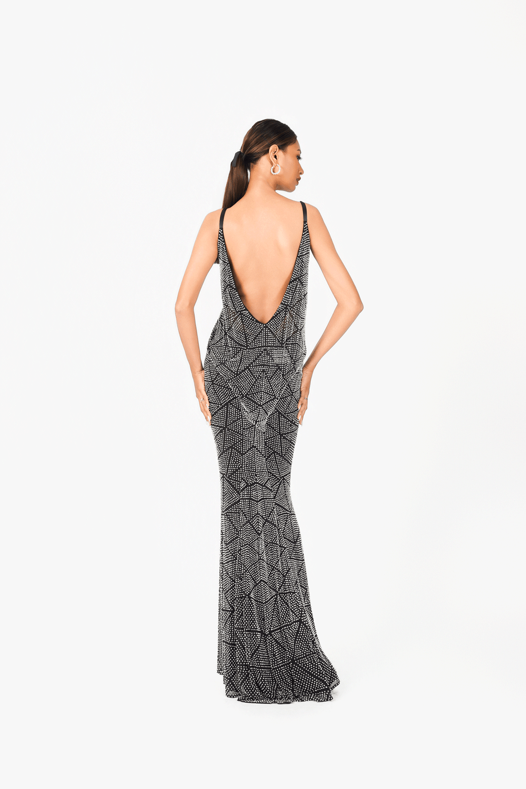 Deep-V Sleeveless Hot Fixed Evening Dress