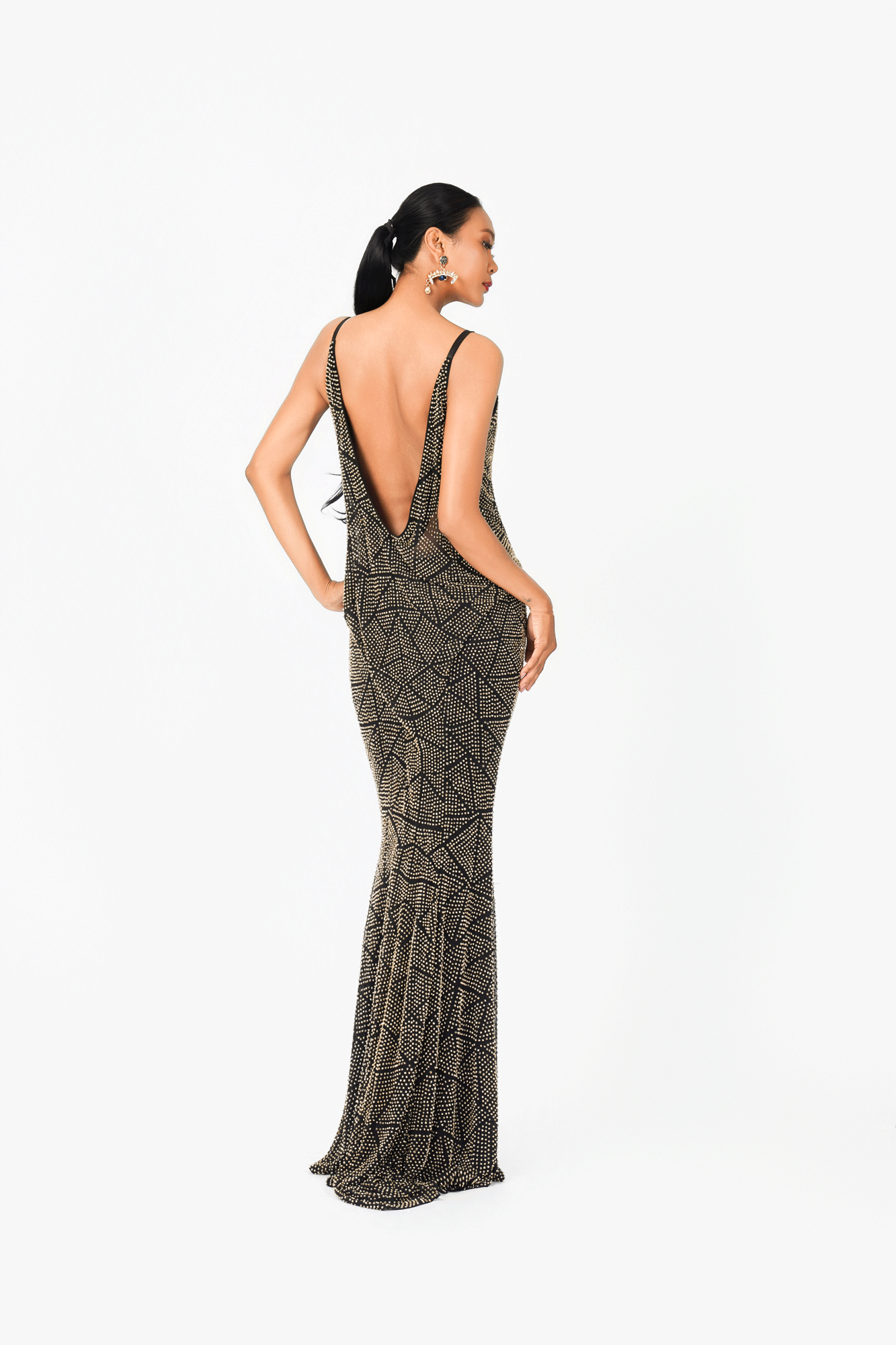 Deep-V Sleeveless Hot Fixed Evening Dress