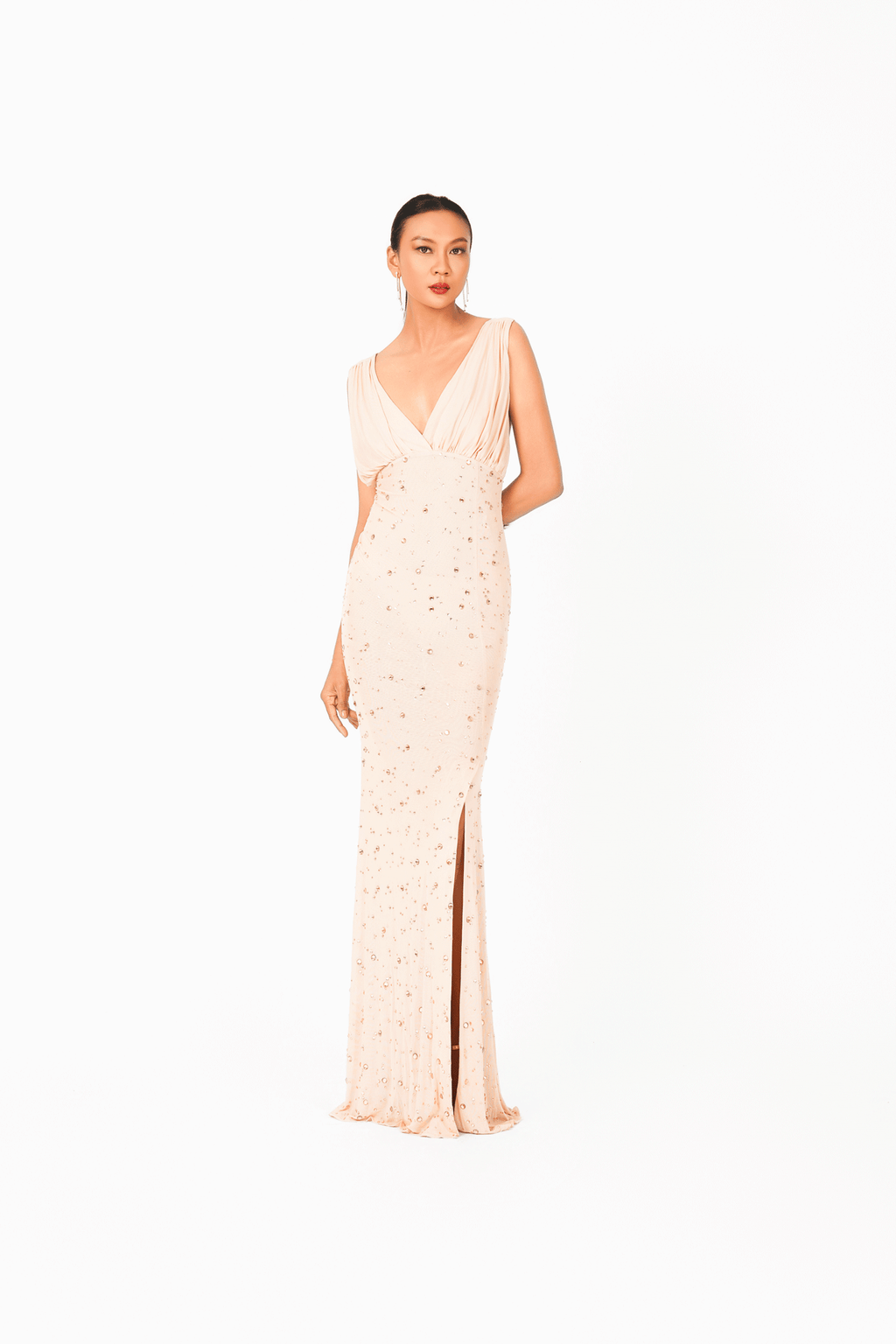 Sleeveless V-Neck Rainy Stone Evening Dress