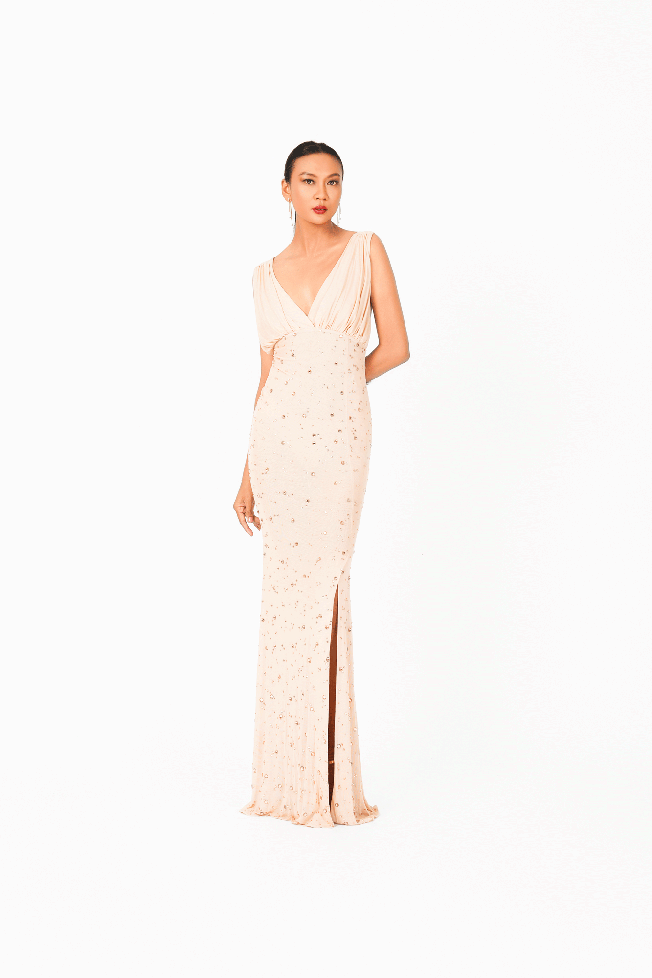 Sleeveless V-Neck Rainy Stone Evening Dress