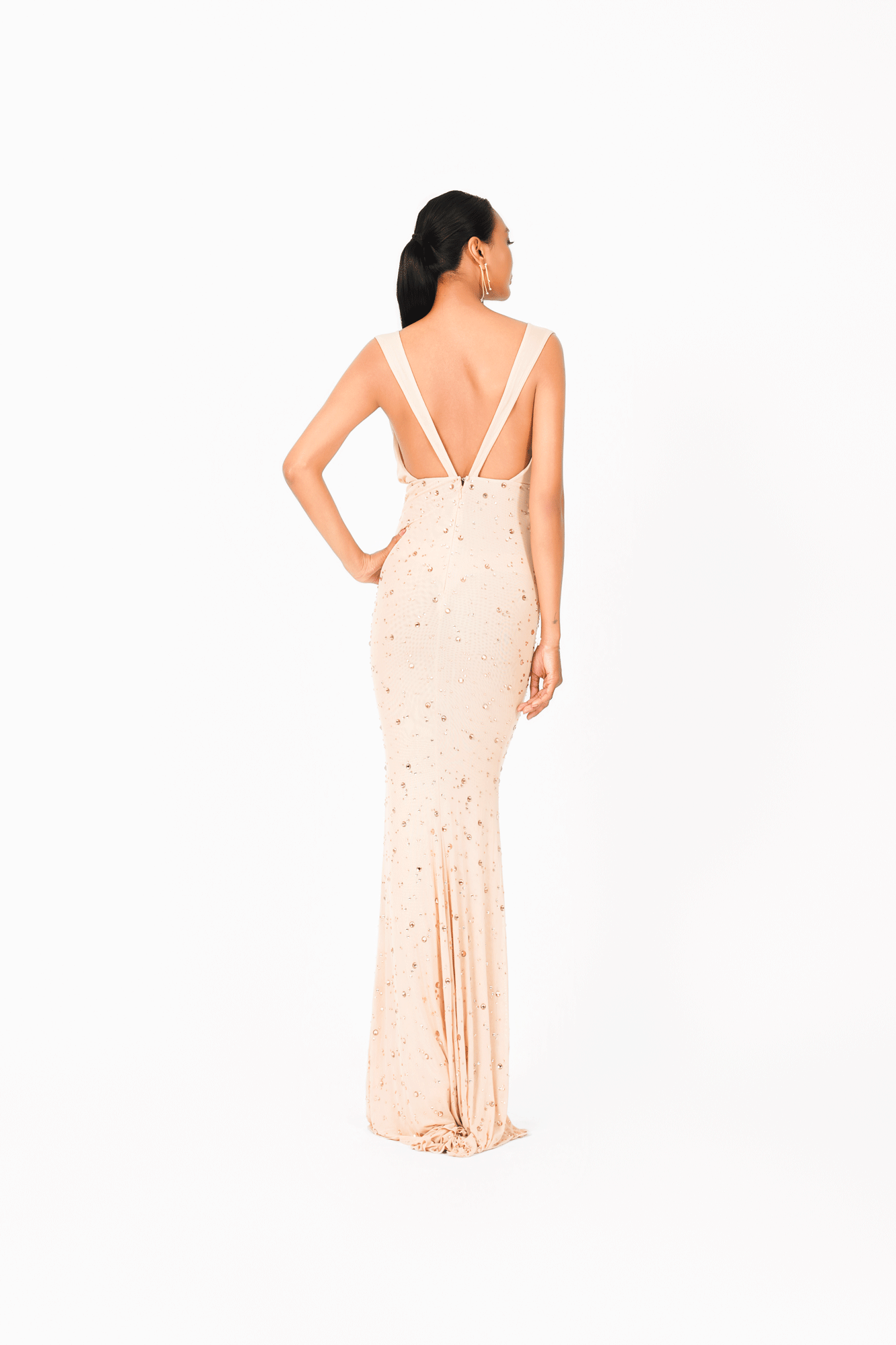 Sleeveless V-Neck Rainy Stone Evening Dress
