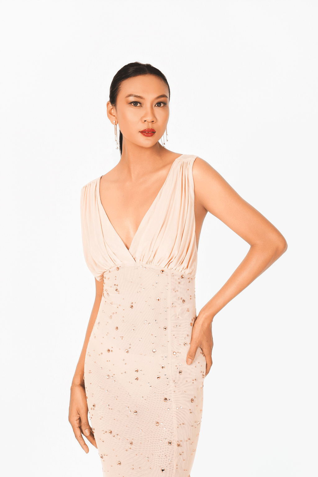 Sleeveless V-Neck Rainy Stone Evening Dress