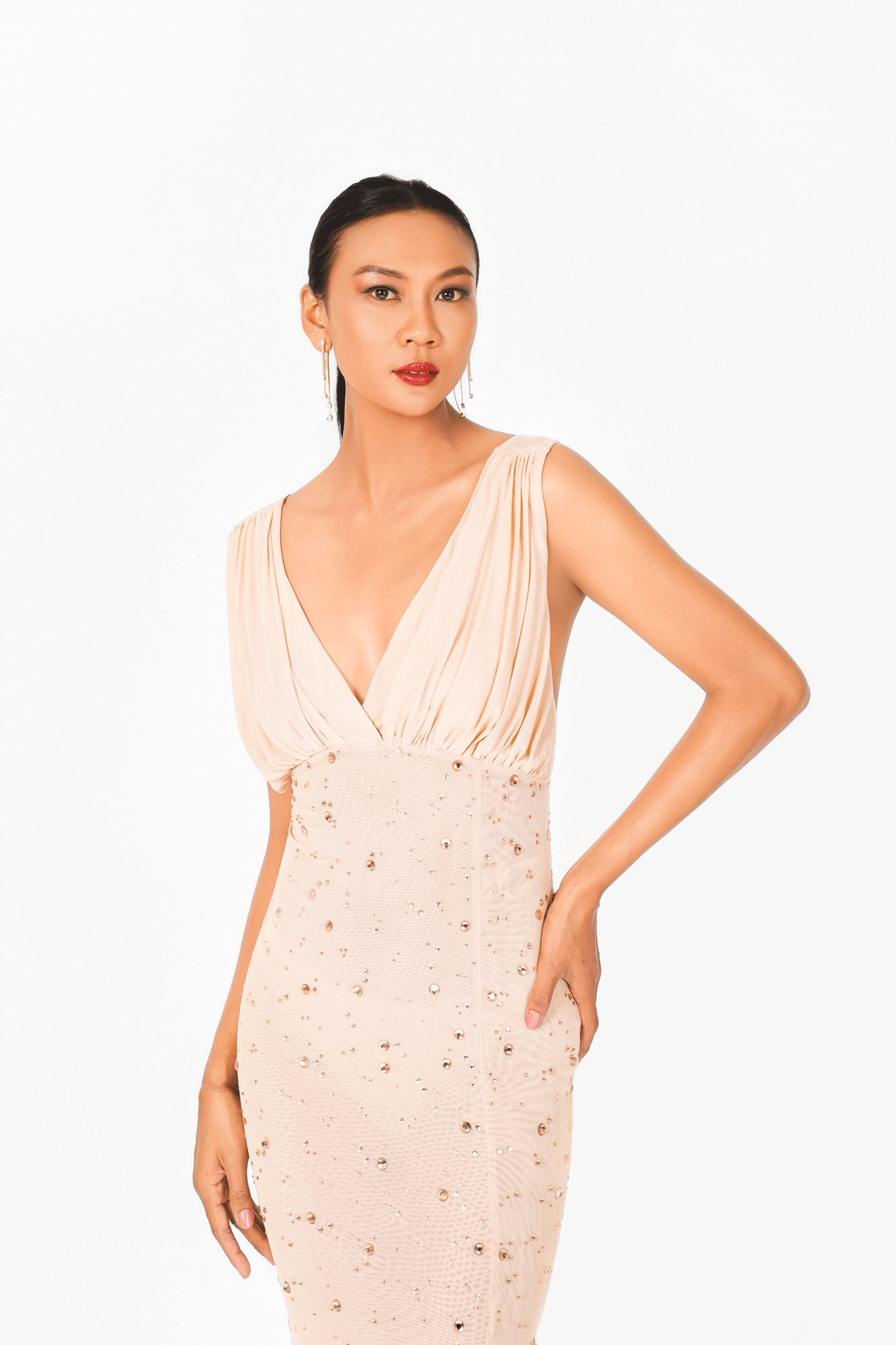 Sleeveless V-Neck Rainy Stone Evening Dress