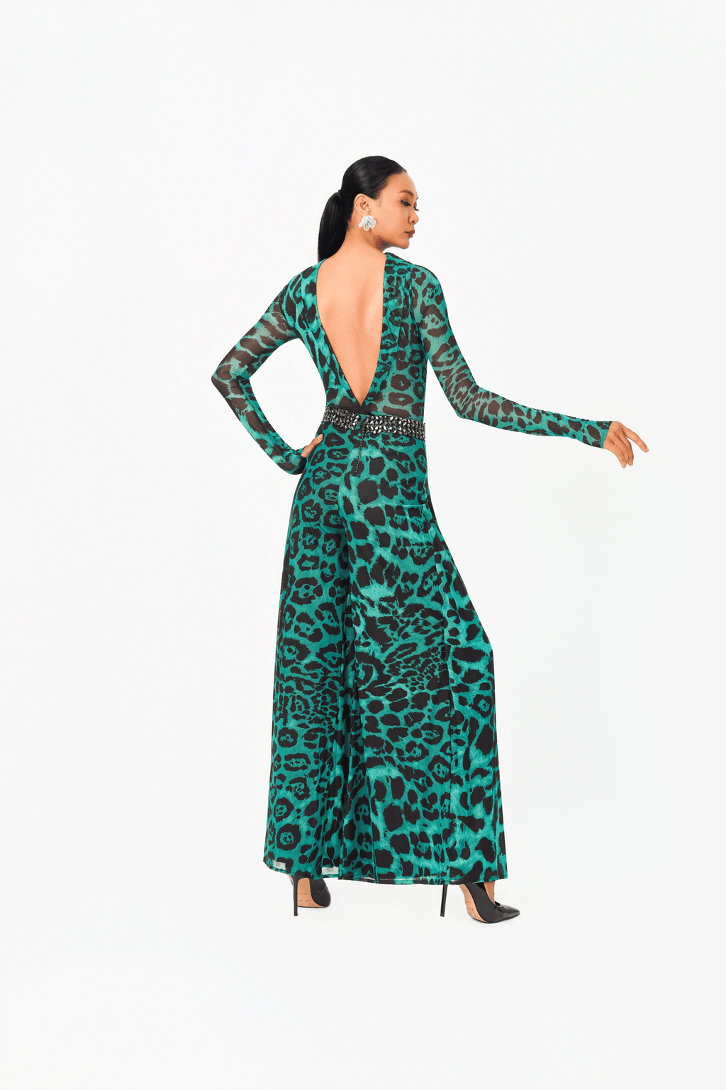 Leo Print Long Sleeves Open Back Bodysuit
