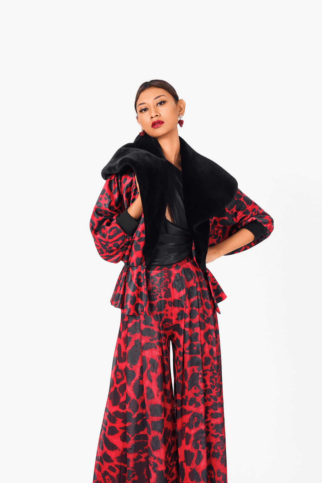 Red Leo Print Fluffy Jacket