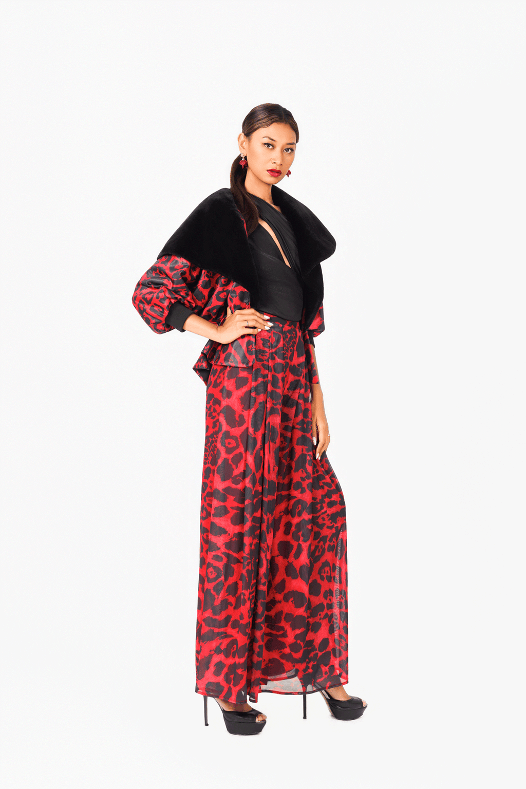 Red Leo Print Fluffy Jacket