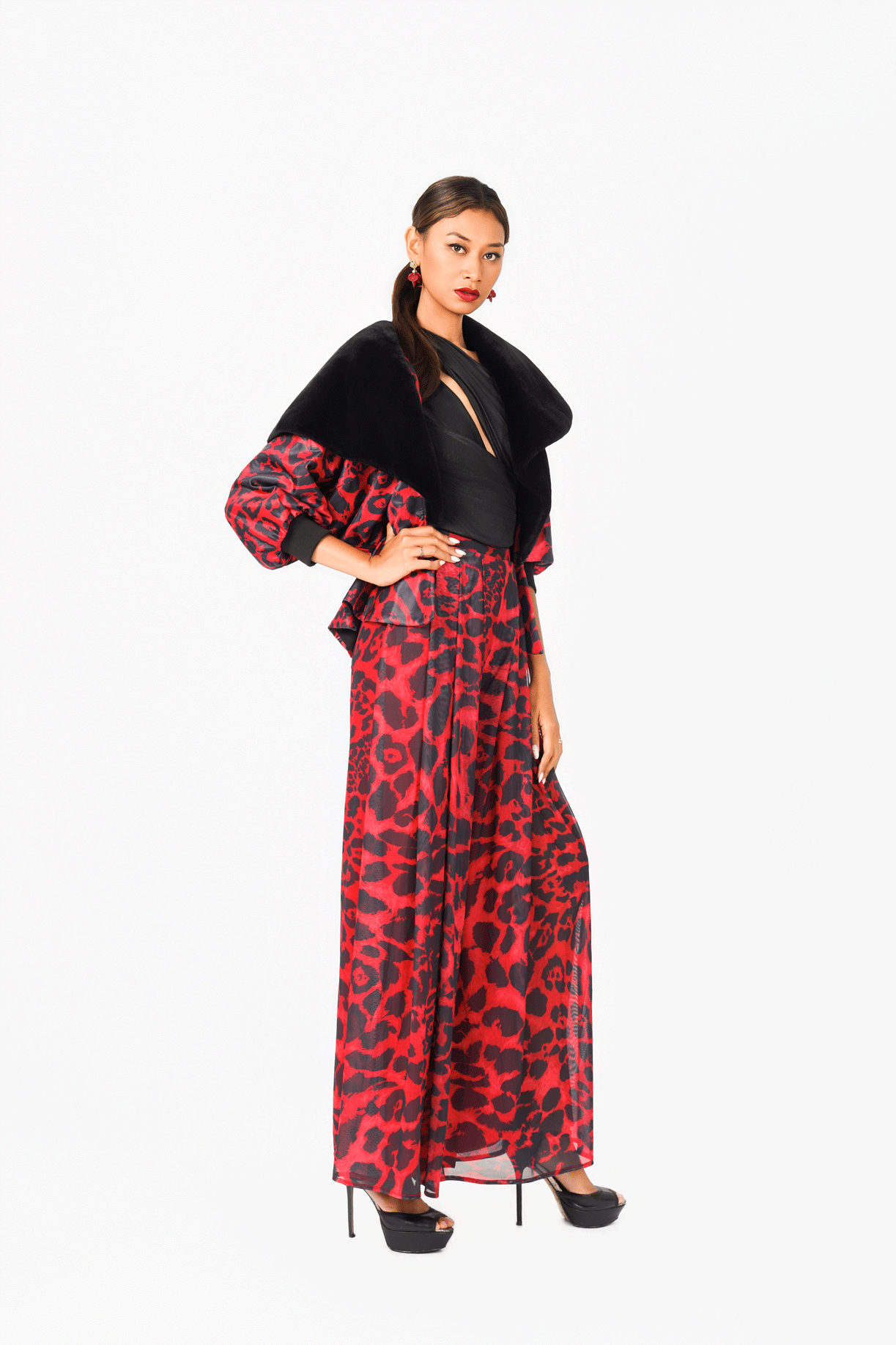 Red Leo Print Fluffy Jacket