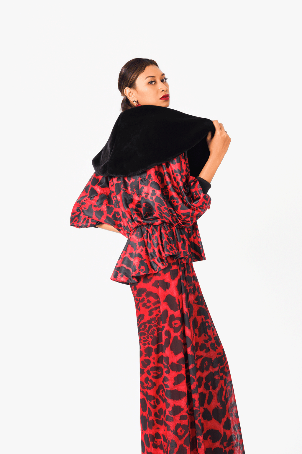 Red Leo Print Fluffy Jacket