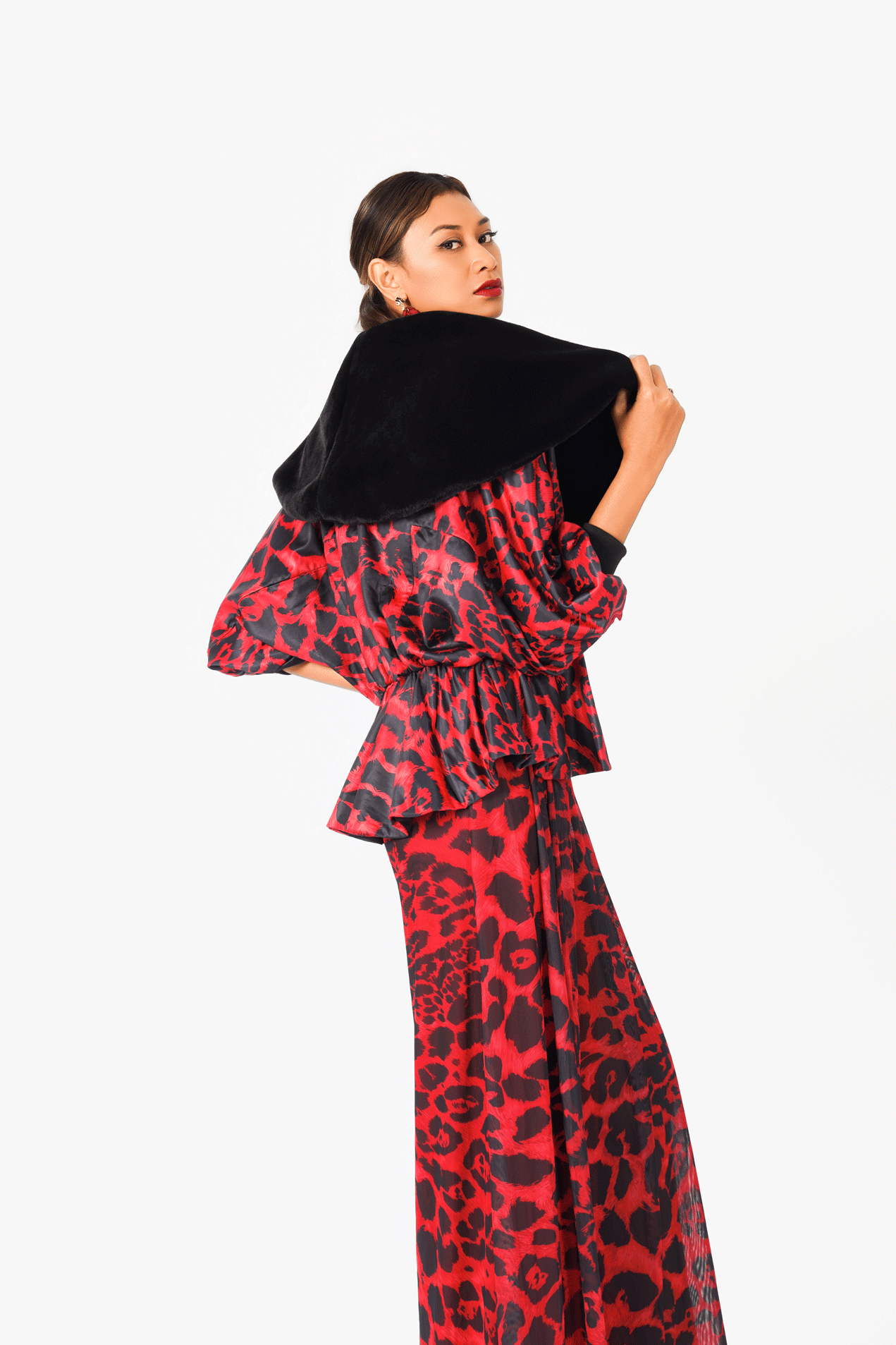 Red Leo Print Fluffy Jacket