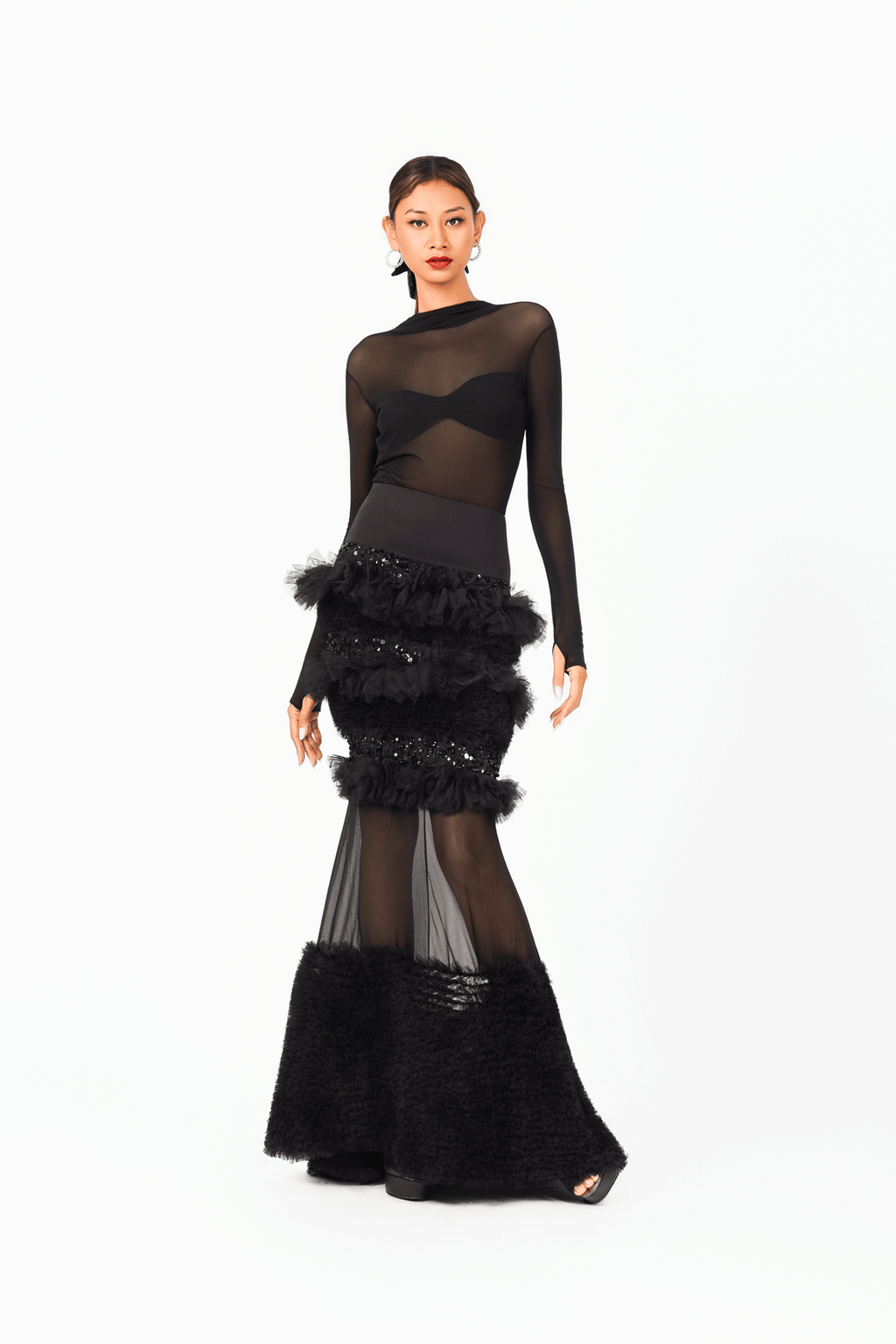 Beaded Tulle Ruffles Long Skirt