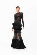 Beaded Tulle Ruffles Long Skirt