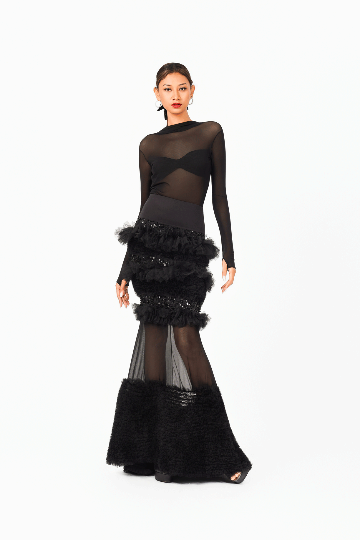 Beaded Tulle Ruffles Long Skirt